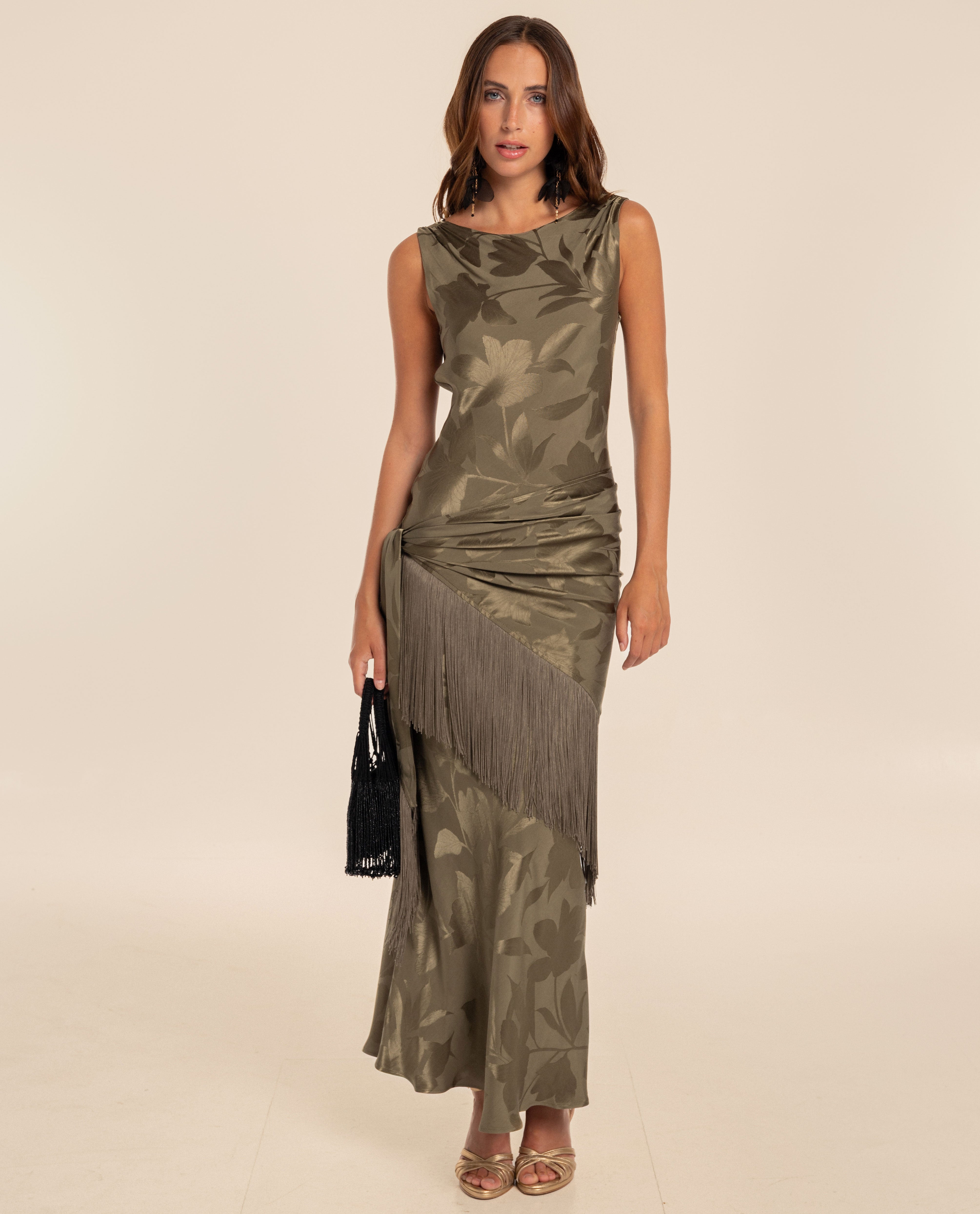 Vestido largo con escote drapeado en espalda - The-Are - Verde Verde-2