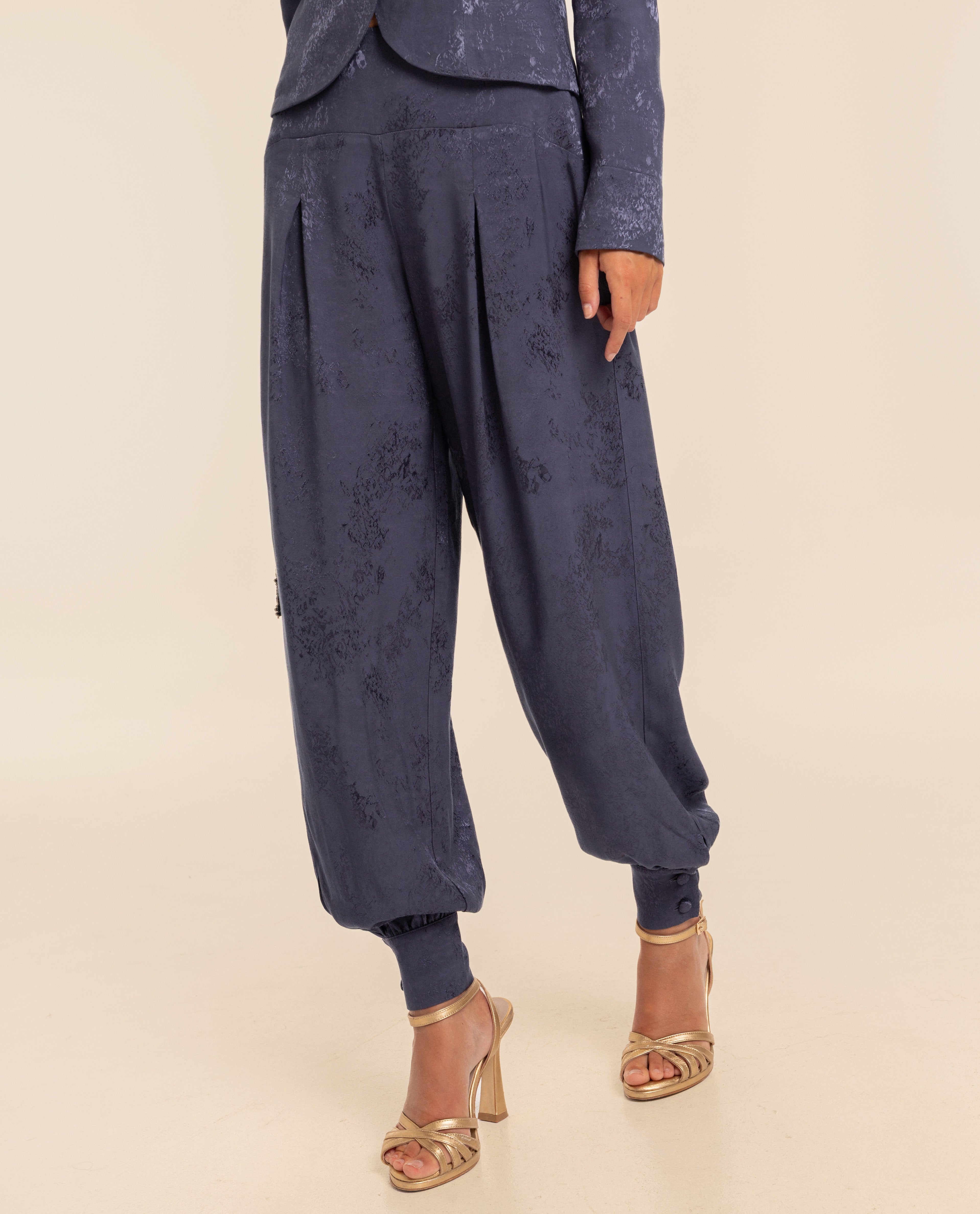 Pantalón ancho bombacho largo con pinzas de mujer - The-Are - Azul Azul-2