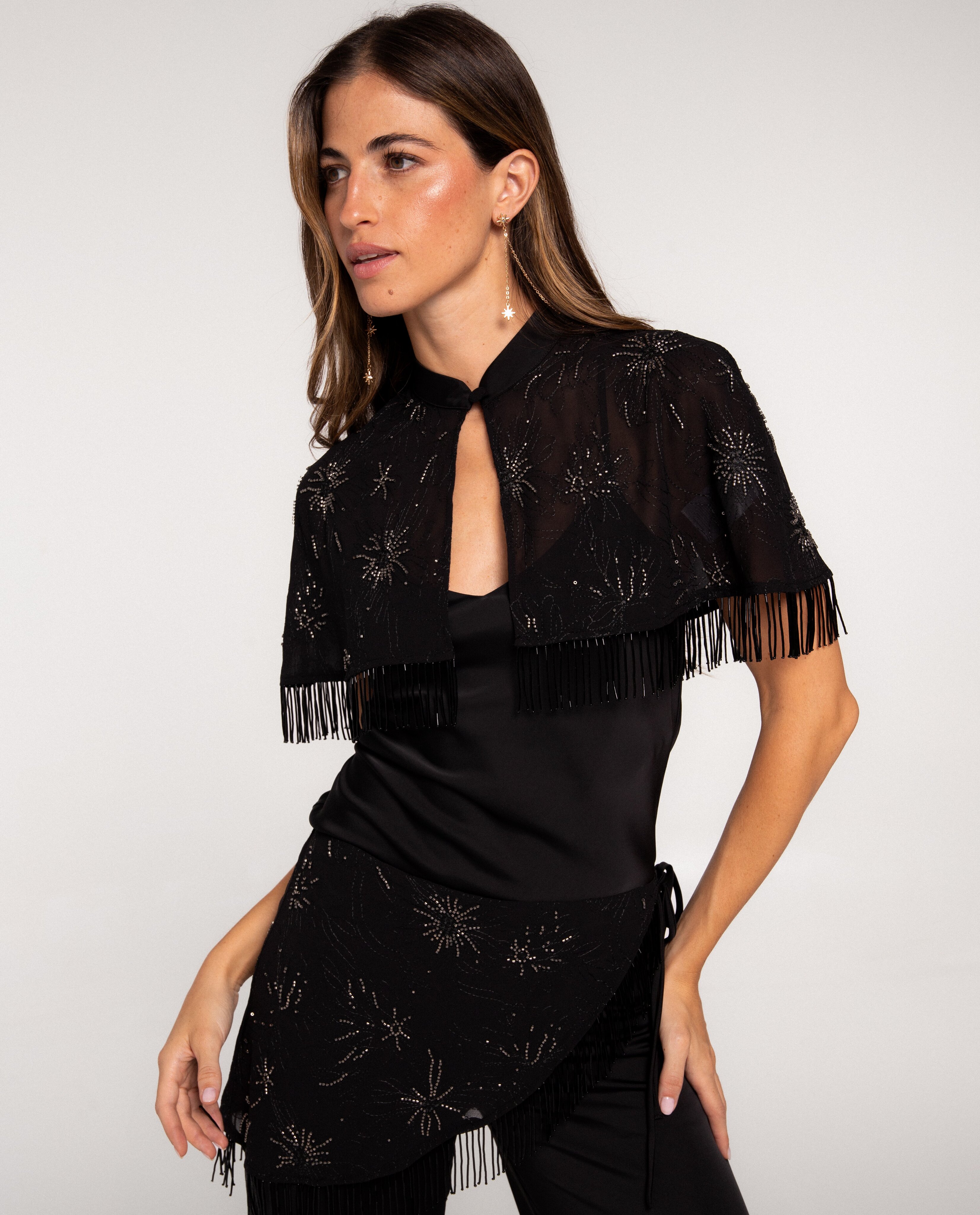 Top con capa de gasa bordada de mujer - The-Are - Negro Negro-1