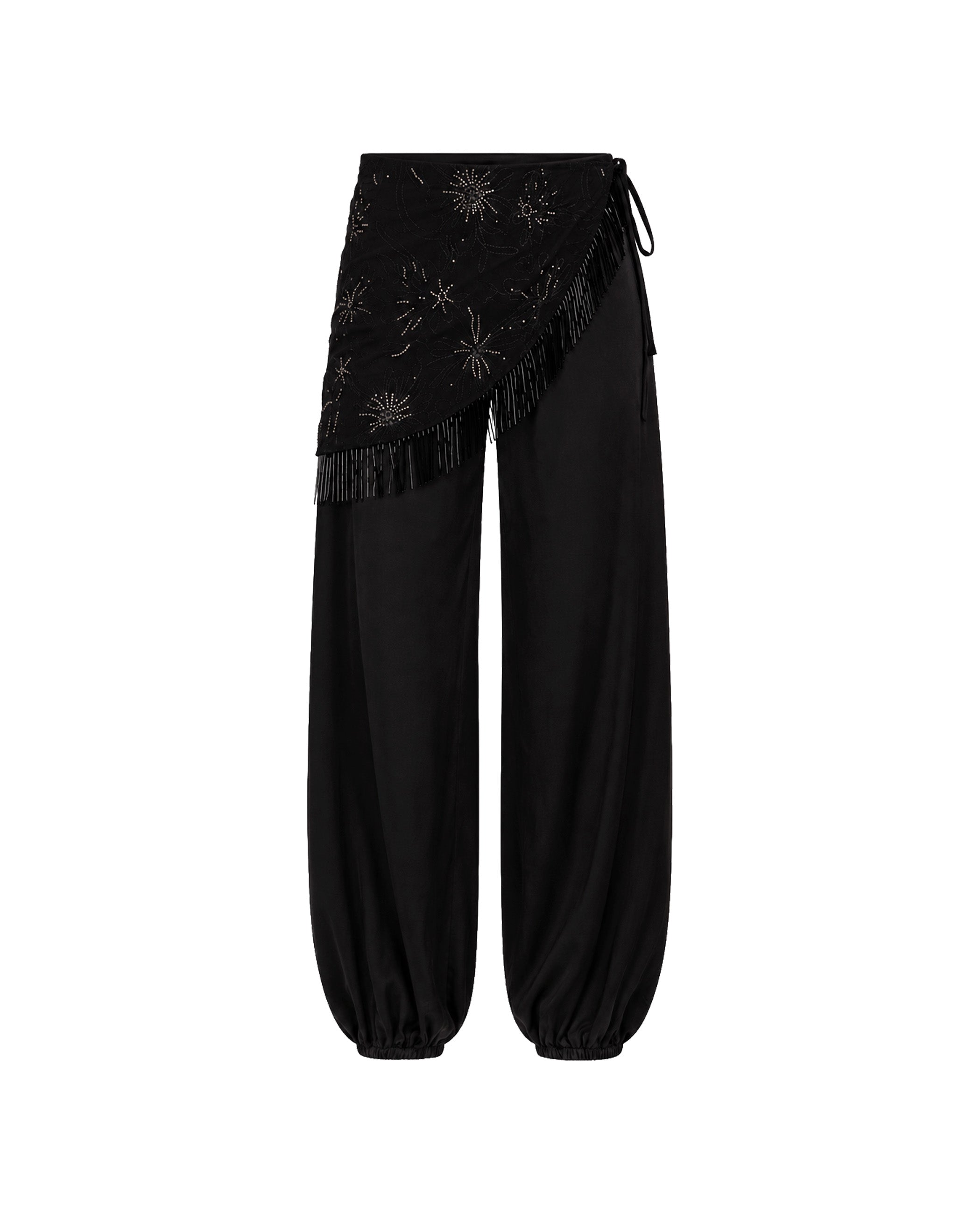 Pantalón ancho tipo bombacho satinado con pareo bordado de mujer - The-Are - Negro Negro-6