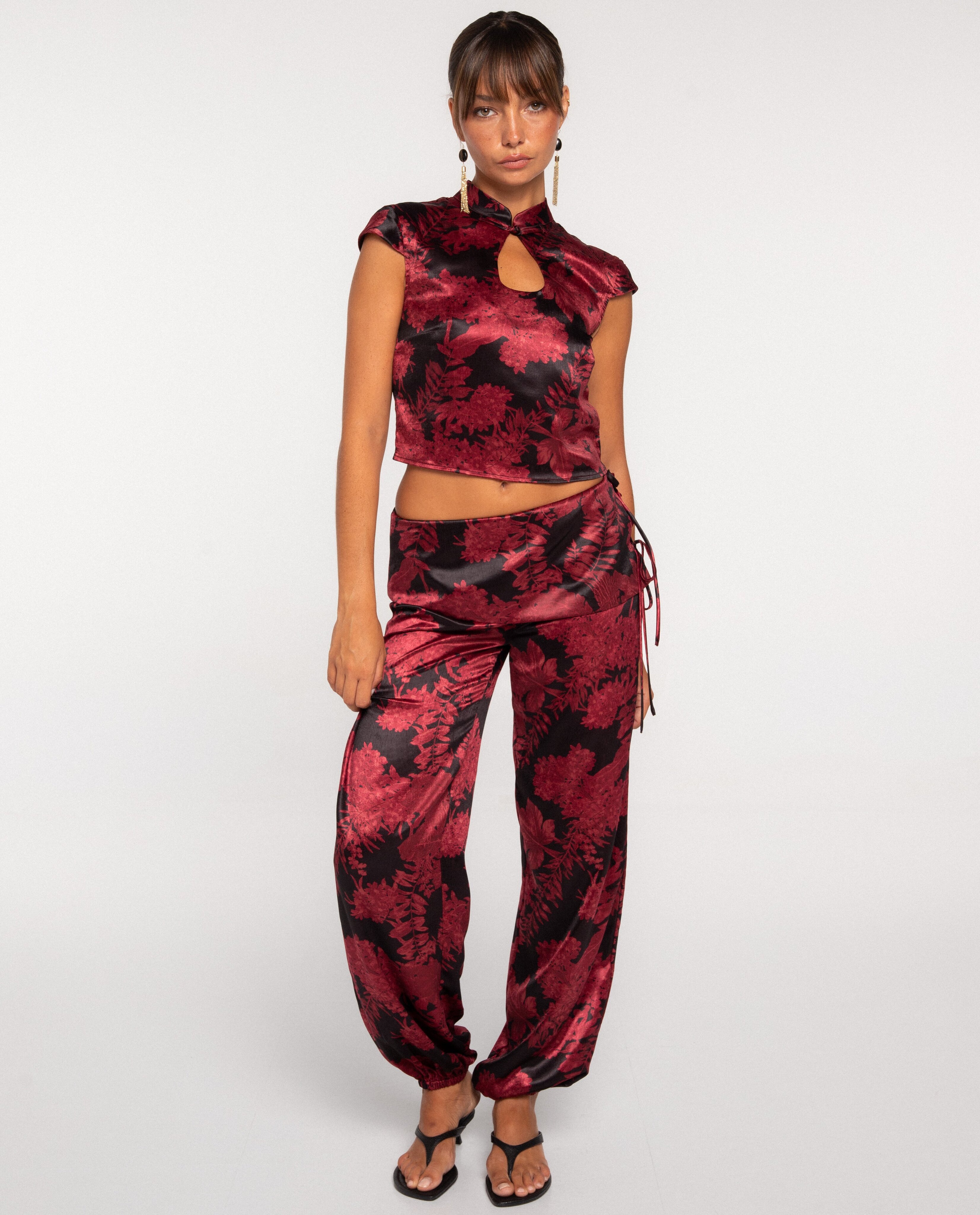Top corto estilo qipao con cuello mao de mujer - The-Are - Rojo Rojo-5