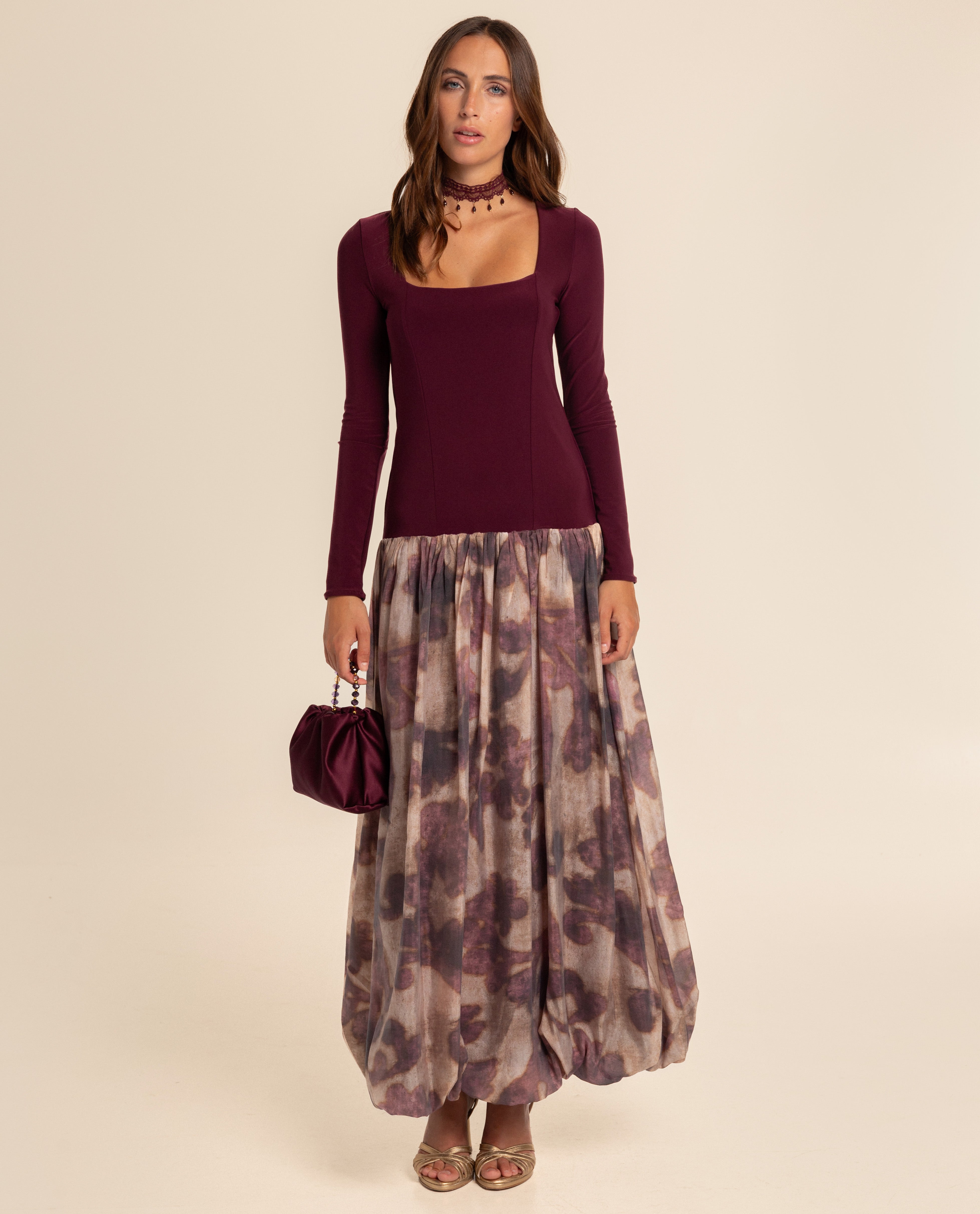Vestido largo falda globo - The-Are - Burdeos Burdeos-2