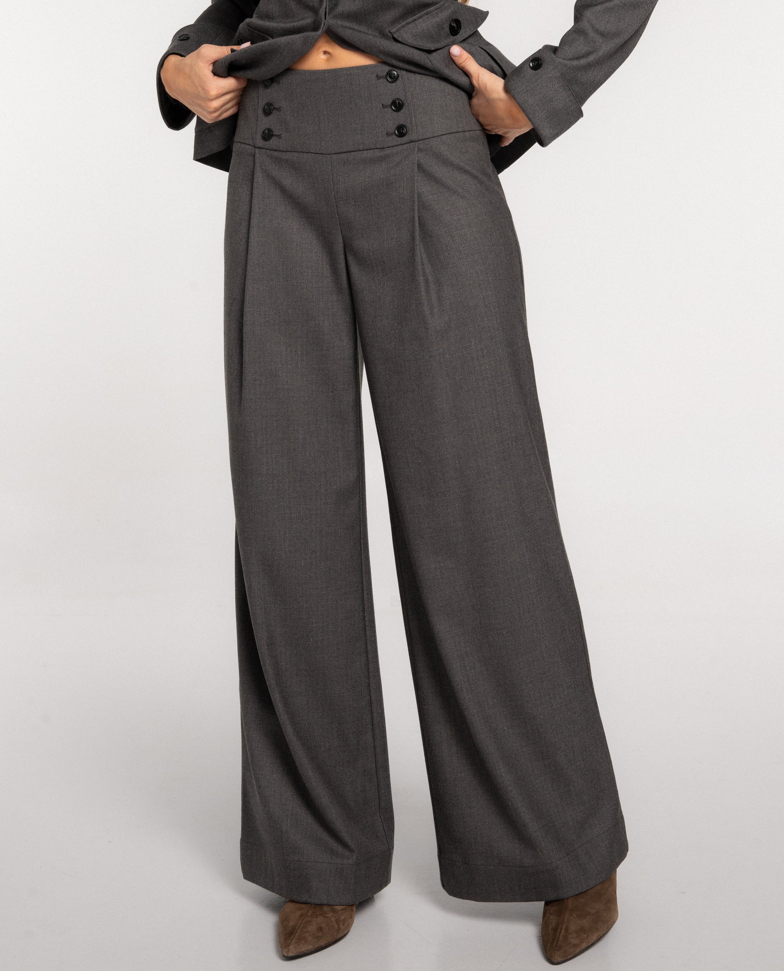 Imagen 2 de Pantalón ancho con lana y cinturilla de botones de mujer - The-Are - Gris claro Gris claro