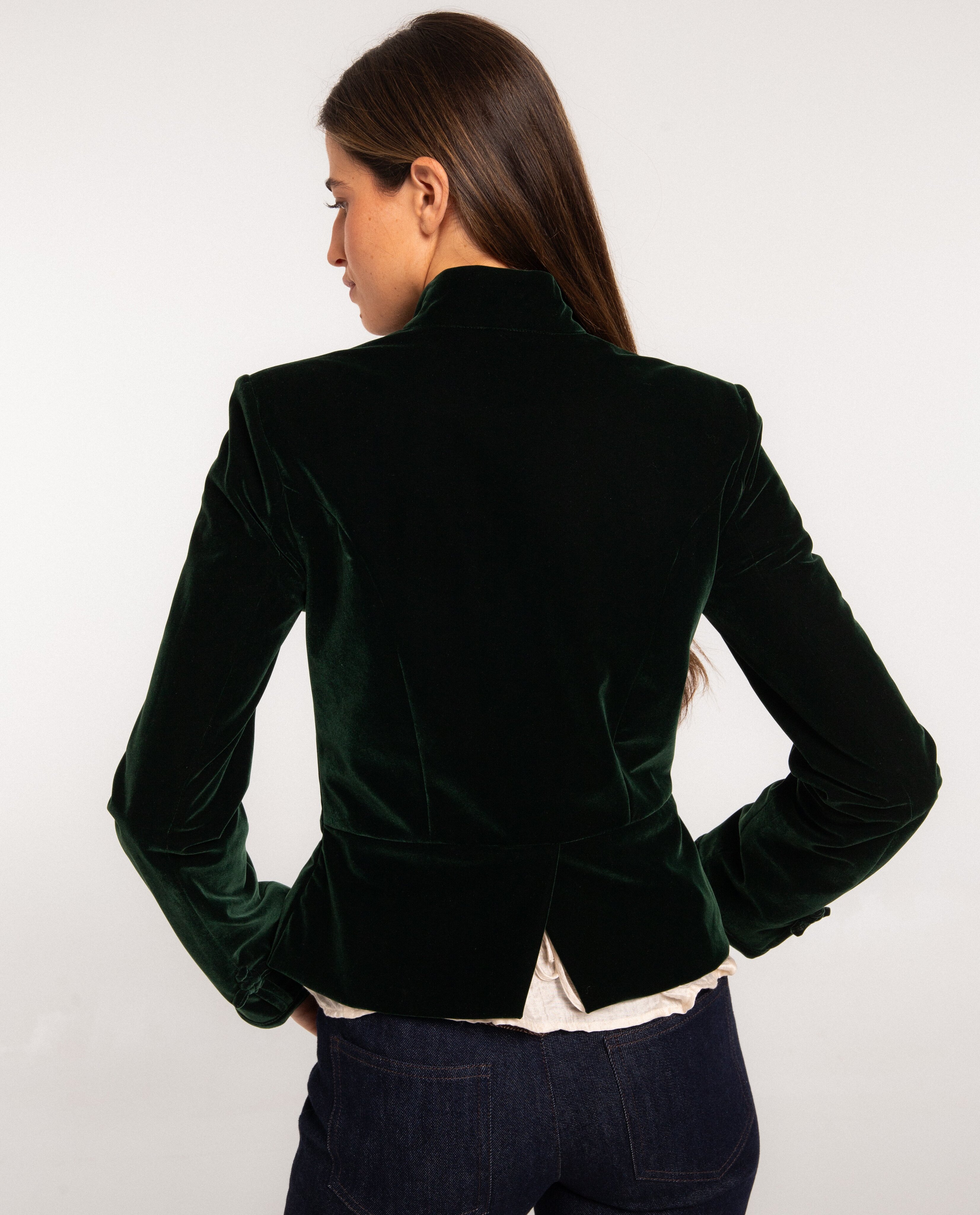 Chaqueta corta de efecto terciopelo con cuello mao de mujer - The-Are - Verde Verde-2