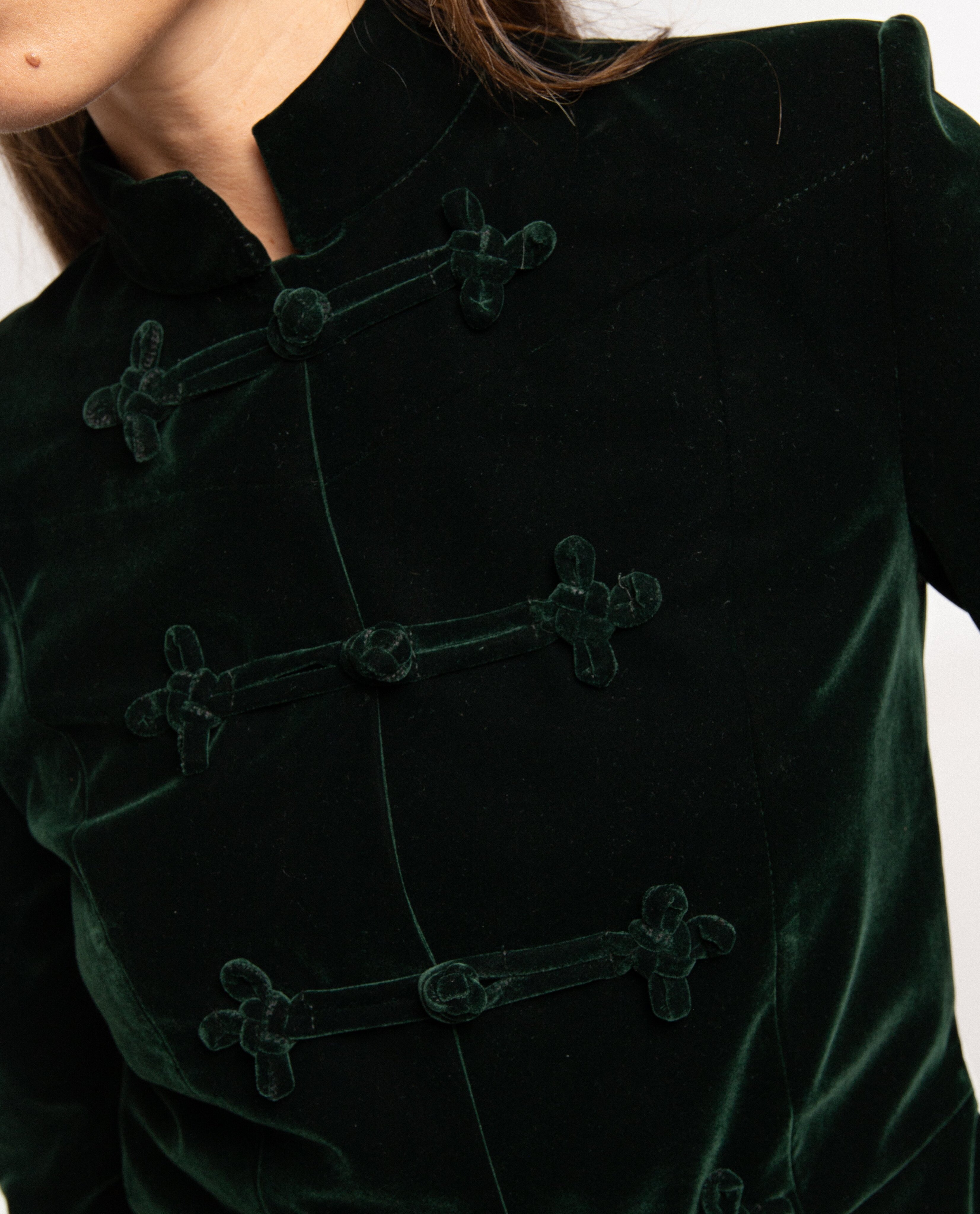 Chaqueta corta de efecto terciopelo con cuello mao de mujer - The-Are - Verde Verde-3