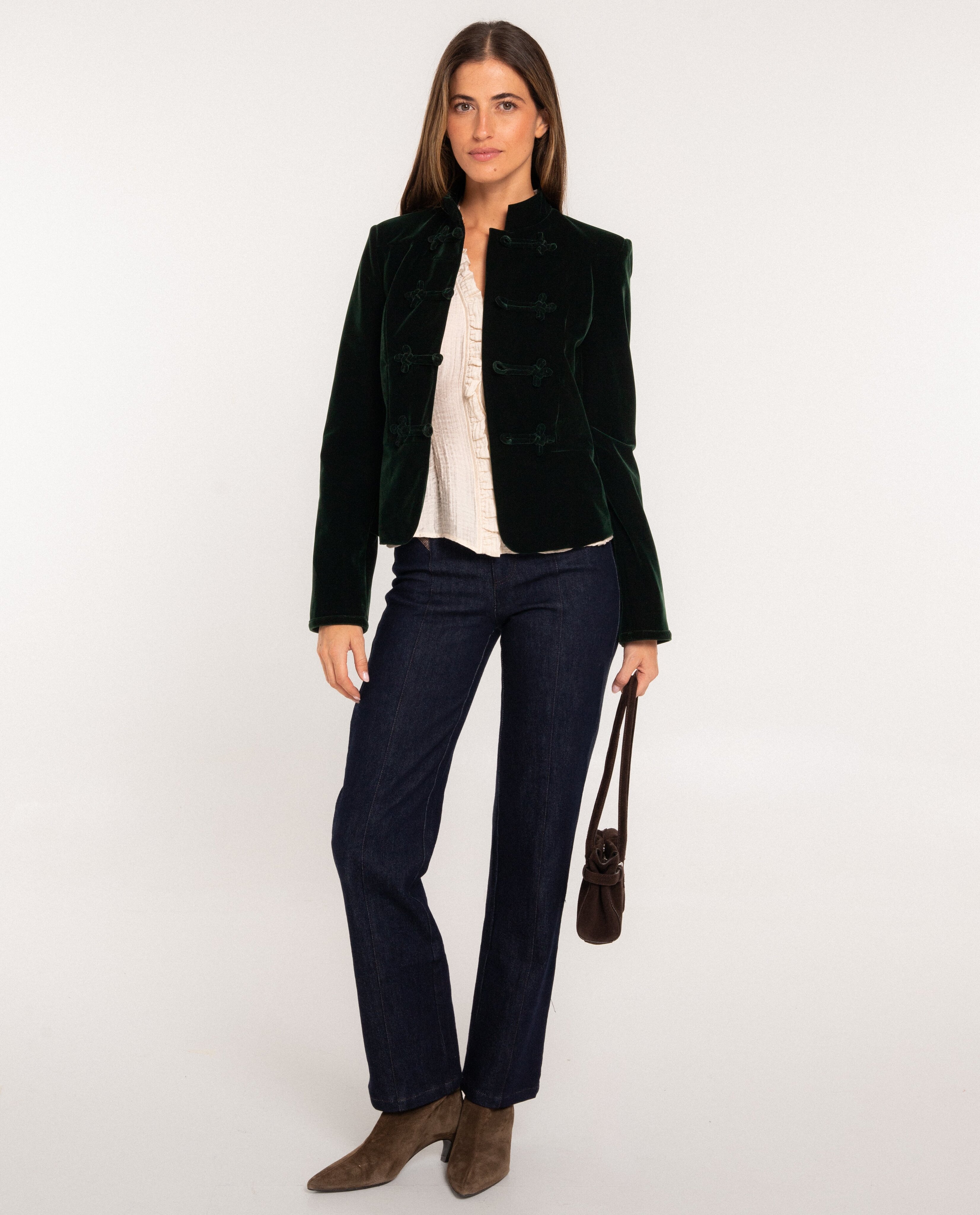 Chaqueta corta de efecto terciopelo con cuello mao de mujer - The-Are - Verde Verde-4