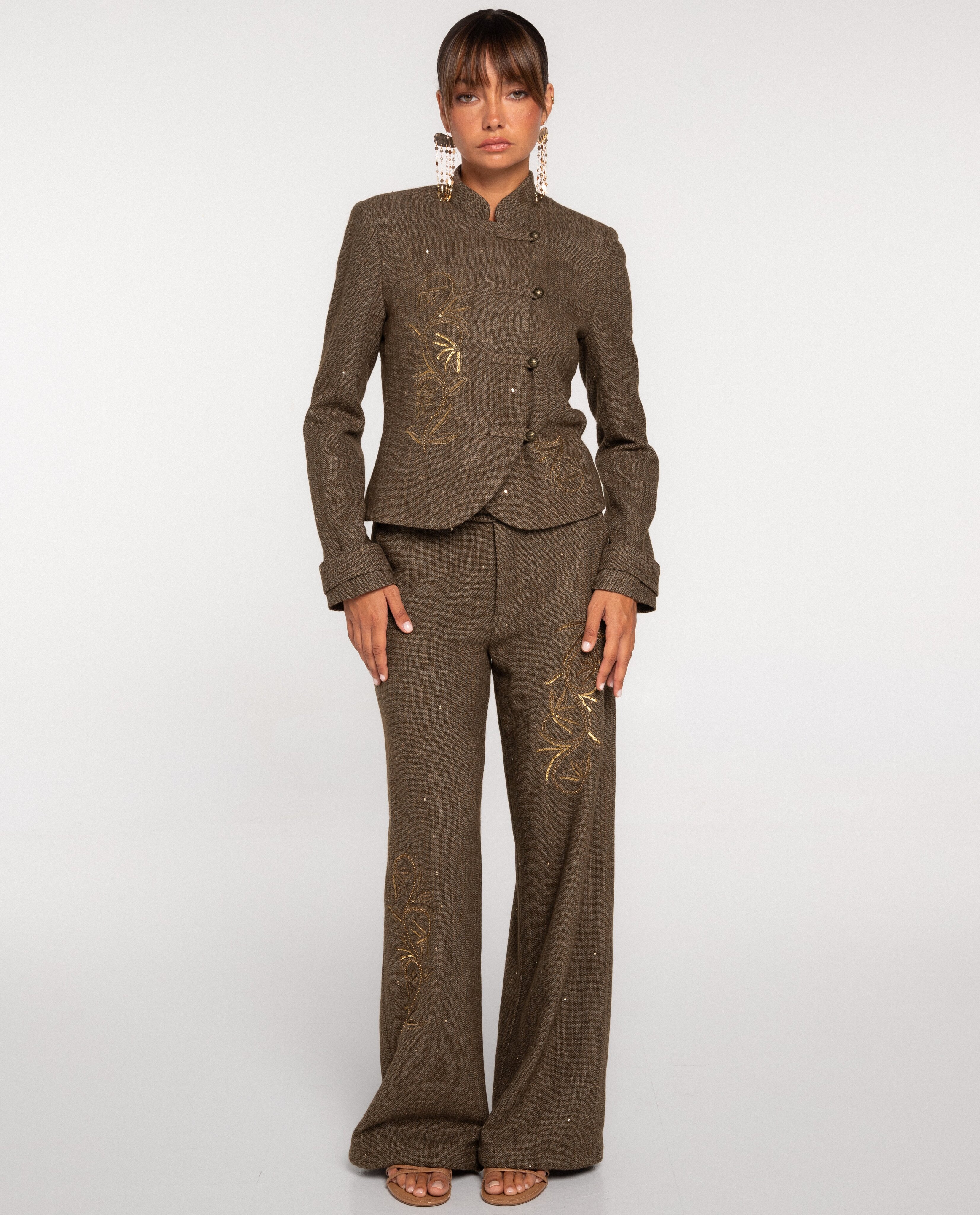 Pantalón ancho con bordados y lentejuelas de mujer - The-Are - Oro Oro-1