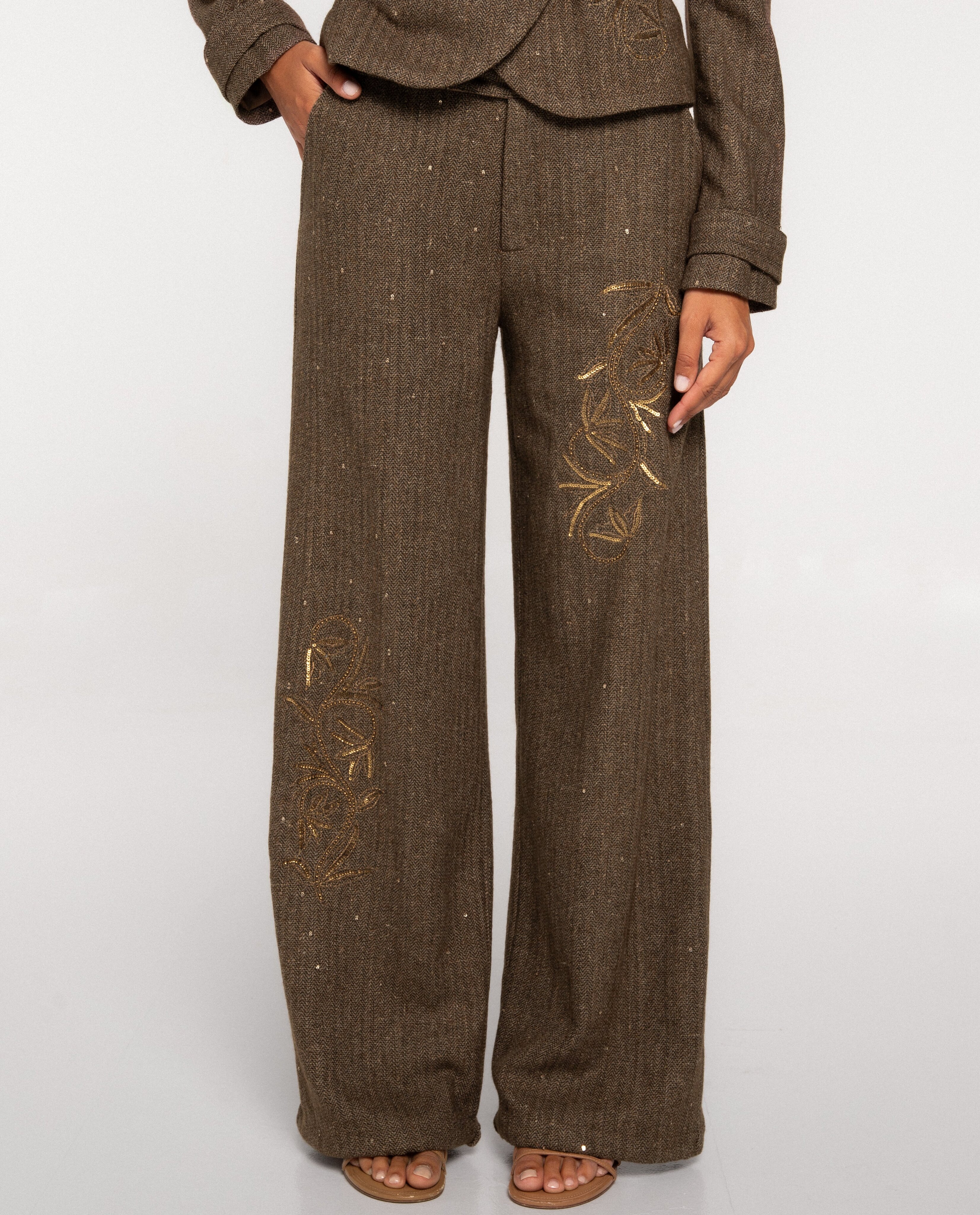 Pantalón ancho con bordados y lentejuelas de mujer - The-Are - Oro Oro-3