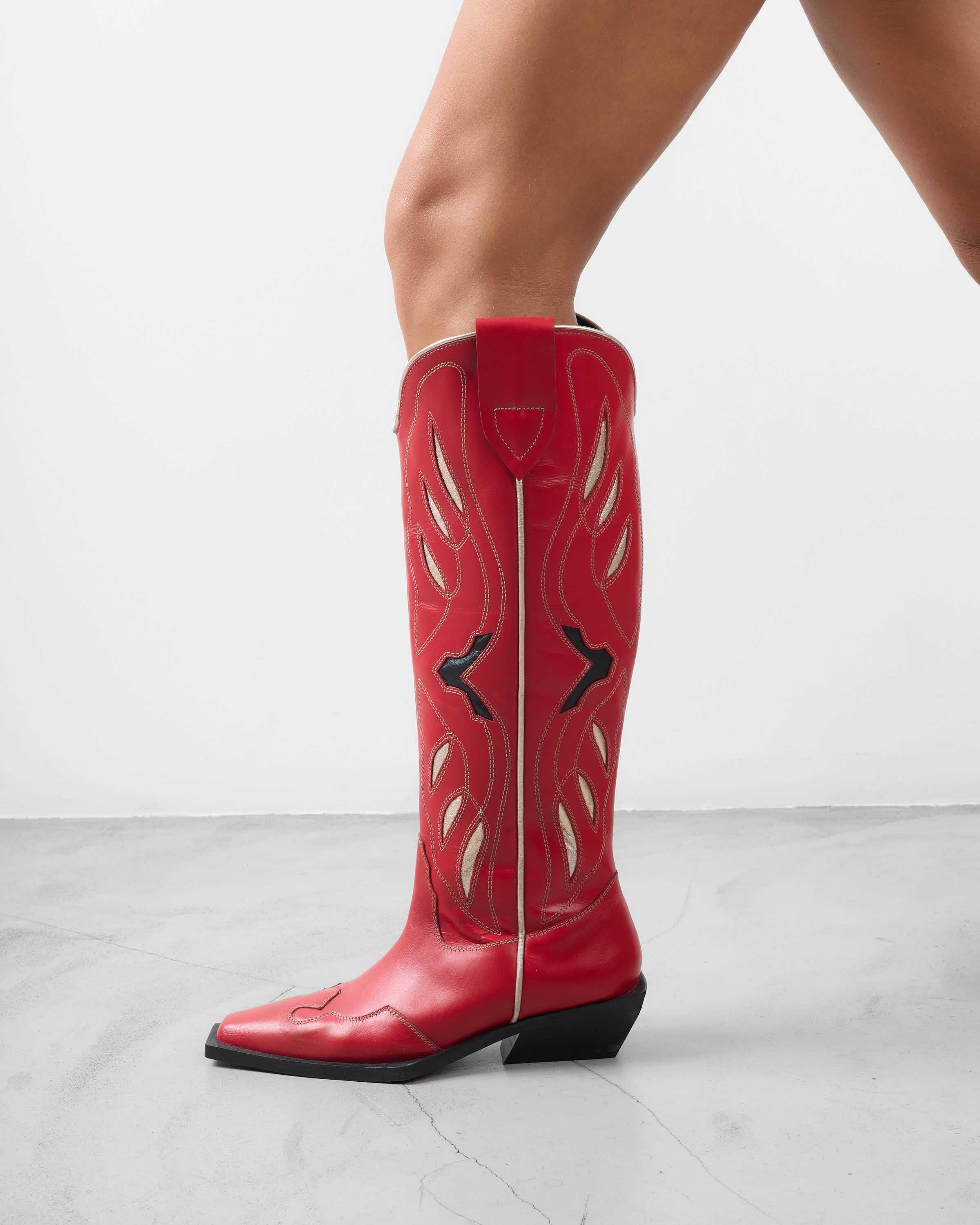 Botas de mujer de piel estilo cowboy - Mim - Rojo Rojo-2