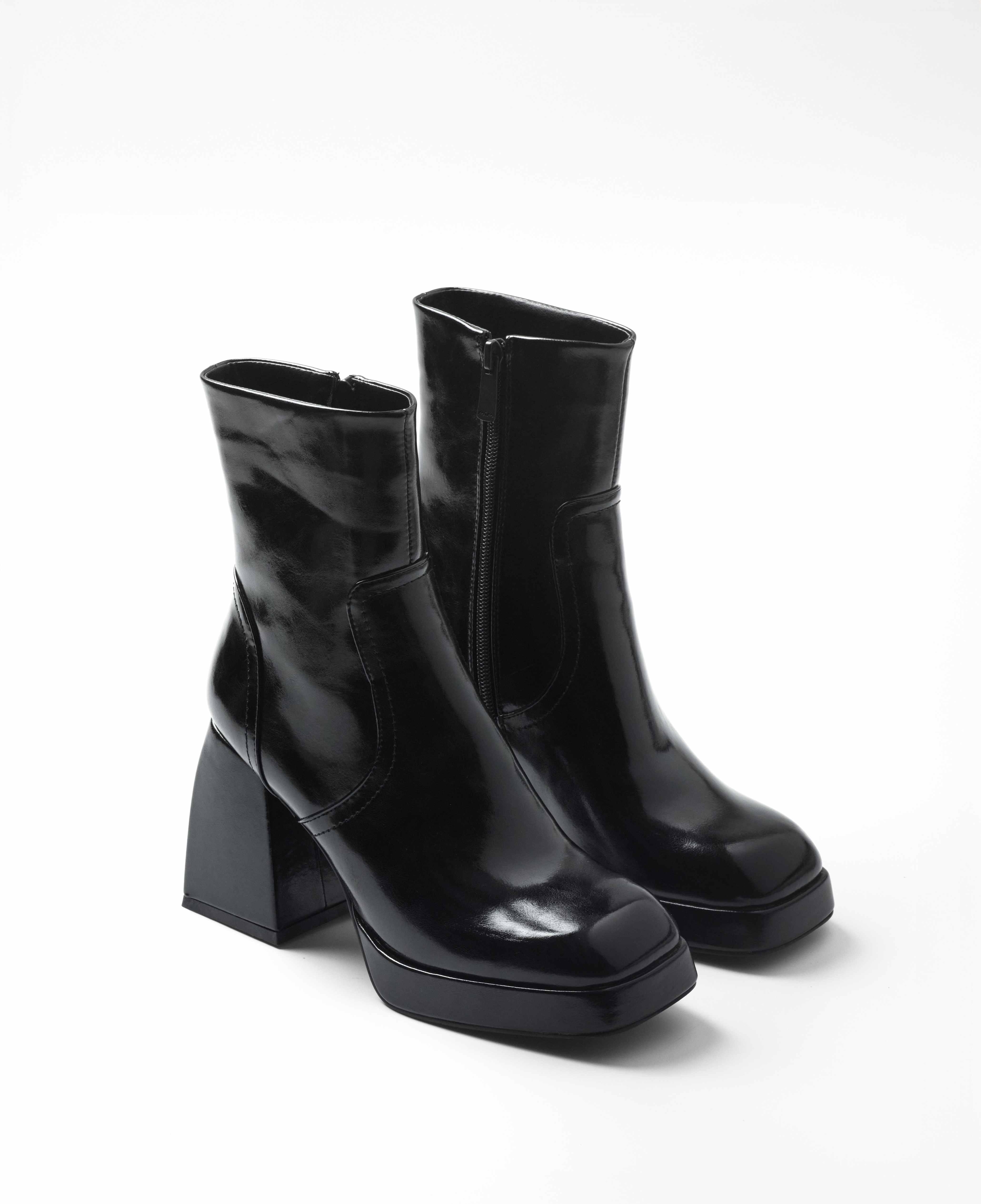 Botas de tacón de mujer de caña baja con plataforma - Mim - Negro Negro-2