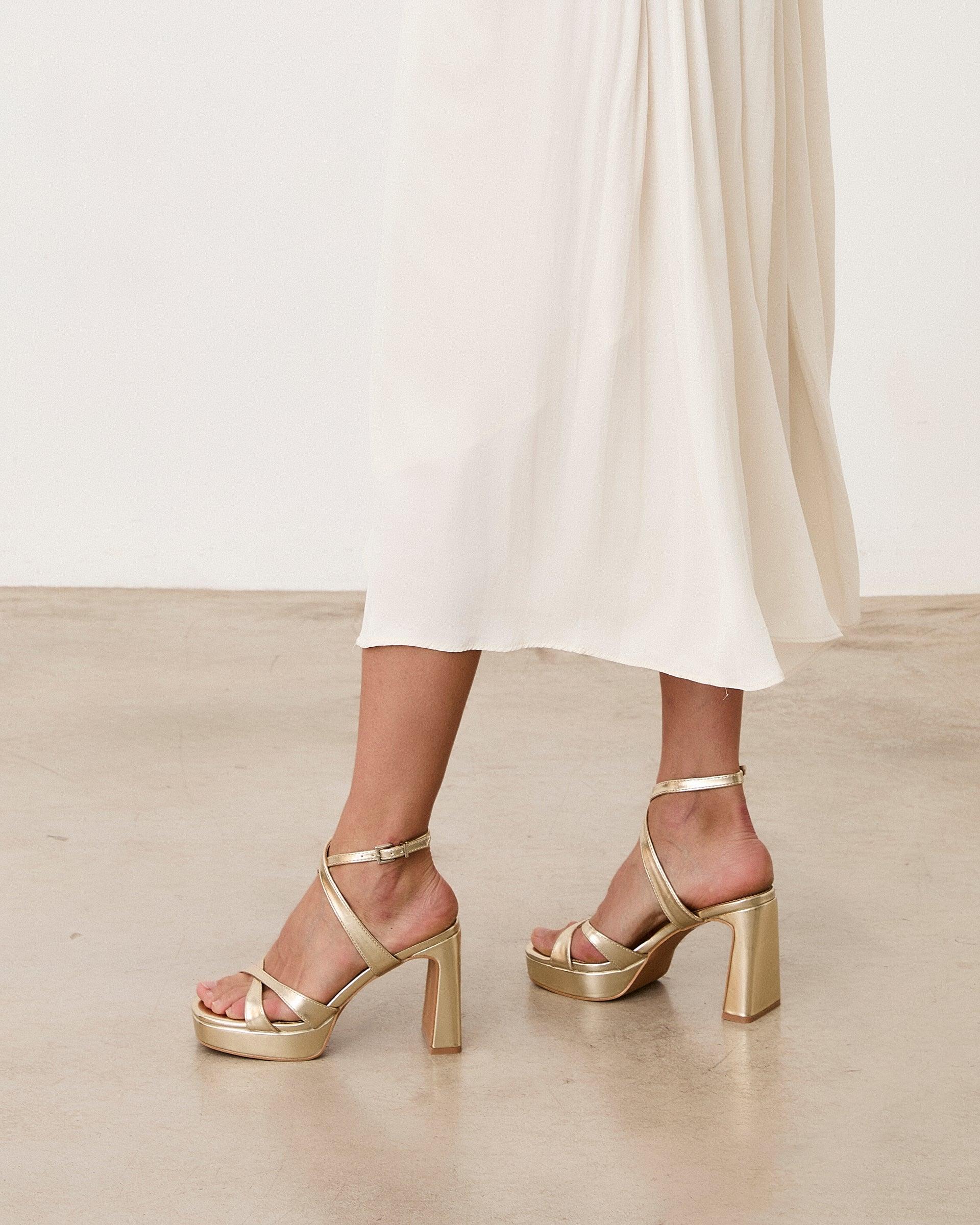 Sandalias de tiras de mujer de tacón con cierre de hebilla - Mim - Dorado Dorado-6