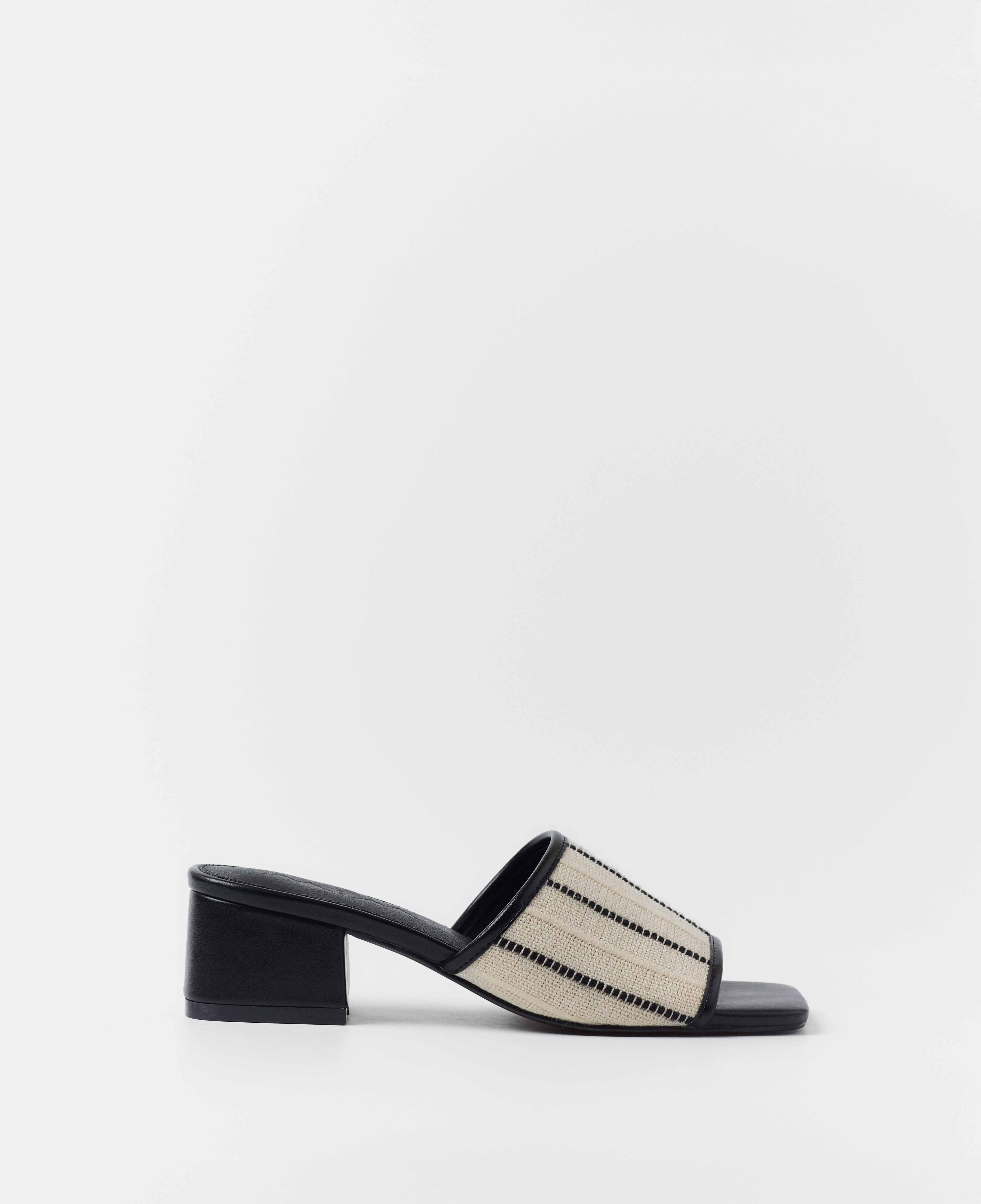 Mim - Mules con tacón de mujer en canvas con acabado en punta cuadrada.