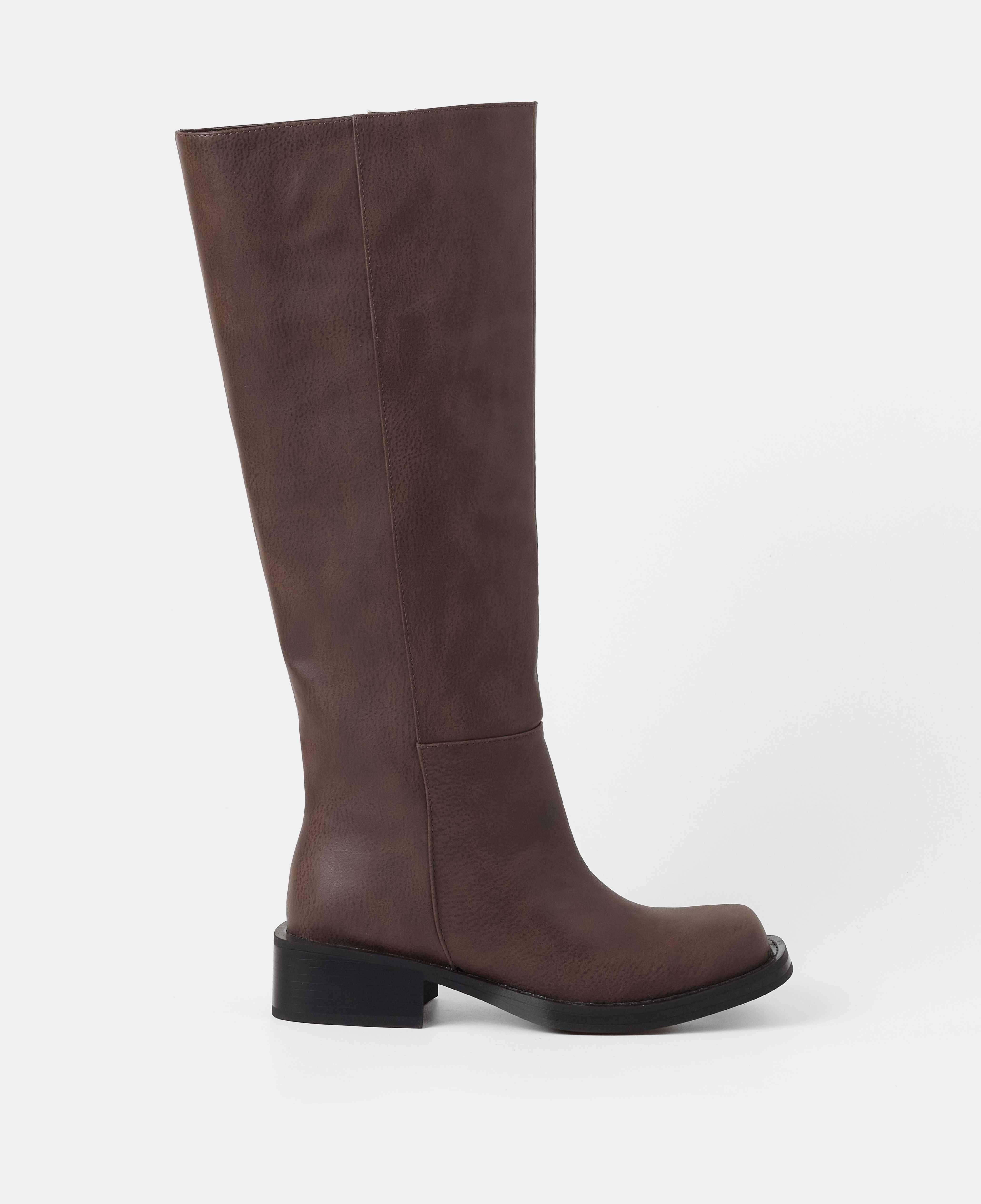 Botas básicas de mujer lisas planas con caña alta - Mim - Marrón chocolate Marrón chocolate-1