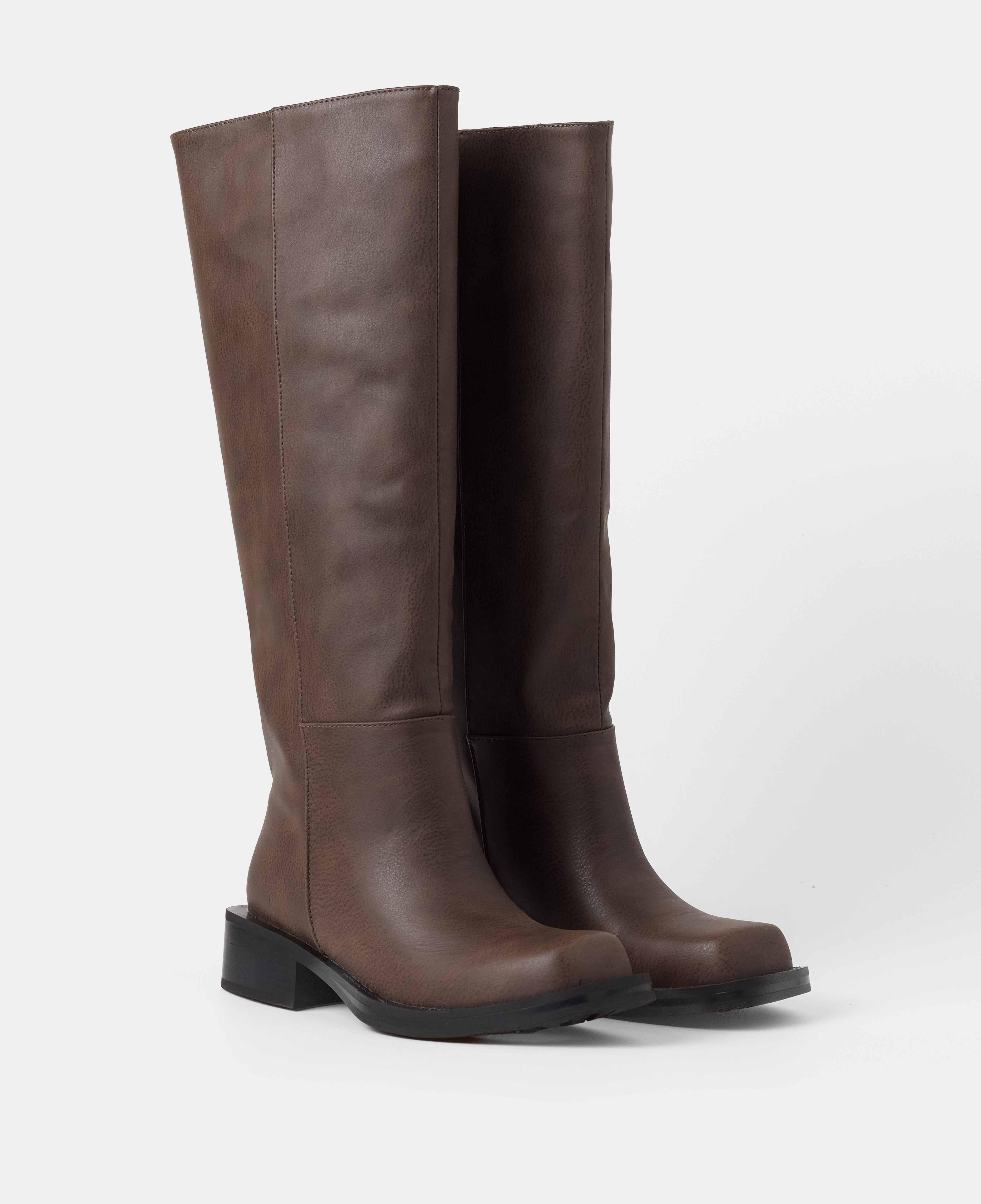 Botas básicas de mujer lisas planas con caña alta - Mim - Marrón chocolate Marrón chocolate-2