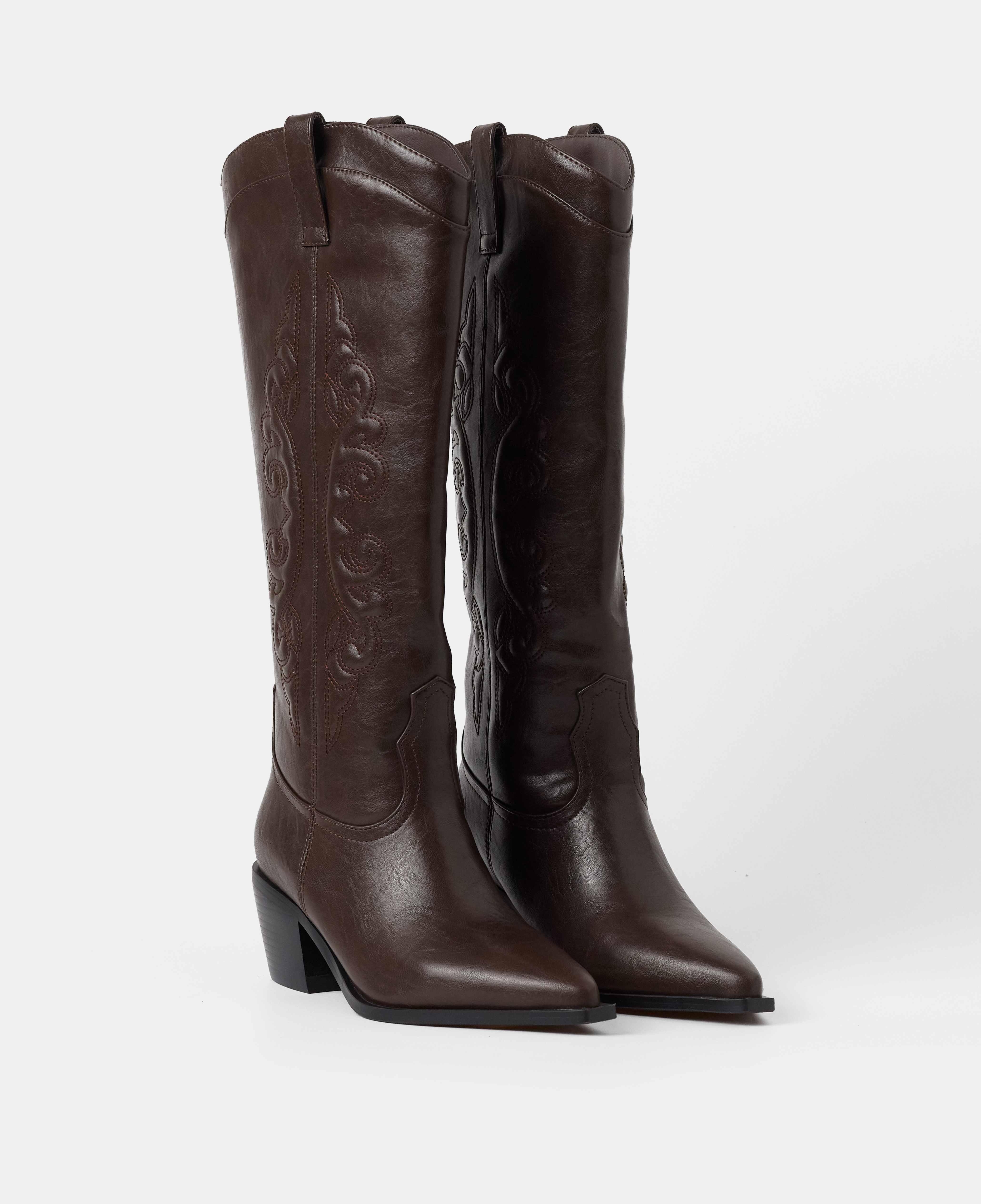 Botas cowboy de mujer de caña alta con detalle de bordado en caña - Mim - Marrón chocolate Marrón chocolate-2