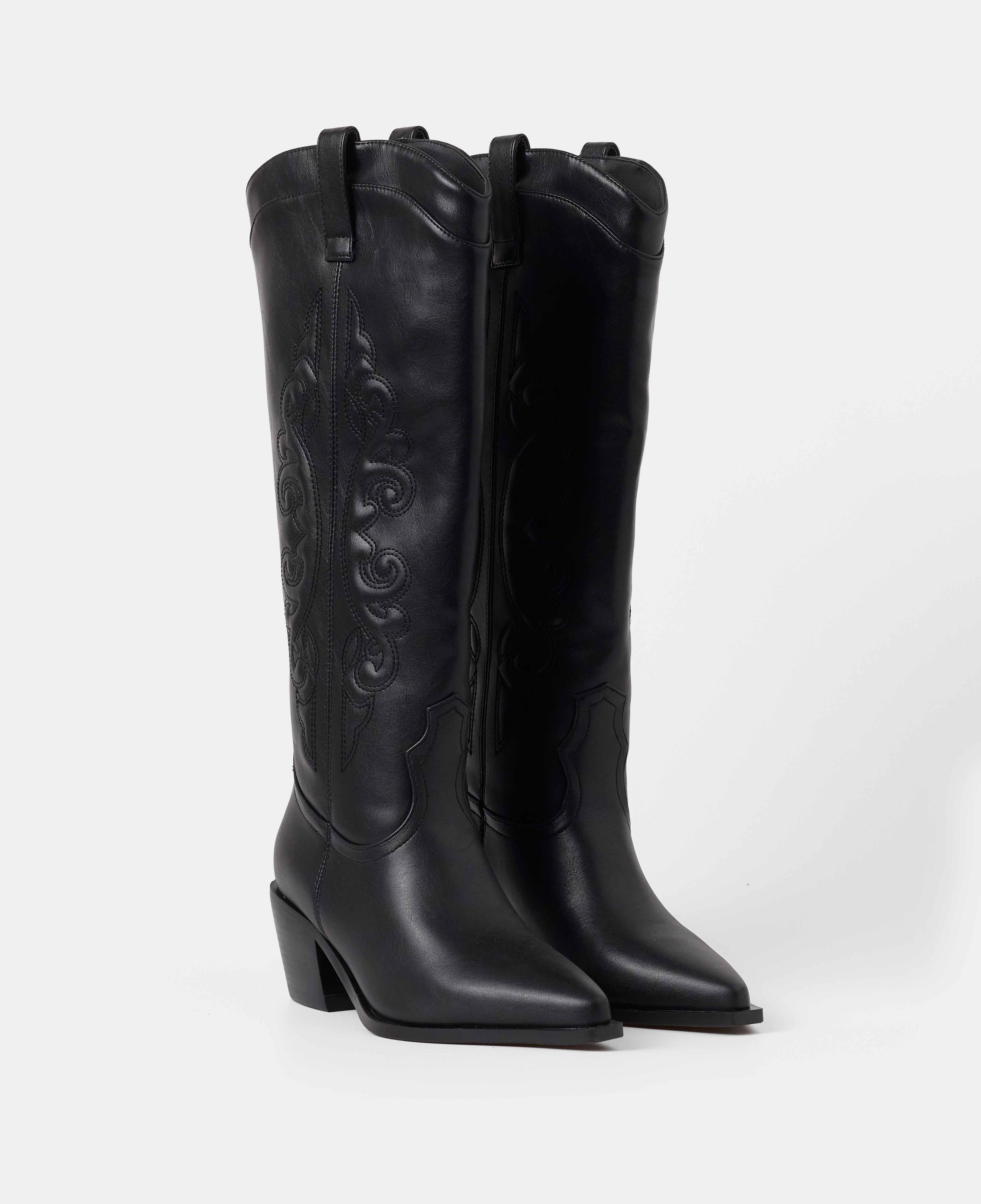 Botas cowboy de mujer de caña alta con detalle de bordado en caña - Mim - Negro Negro-2