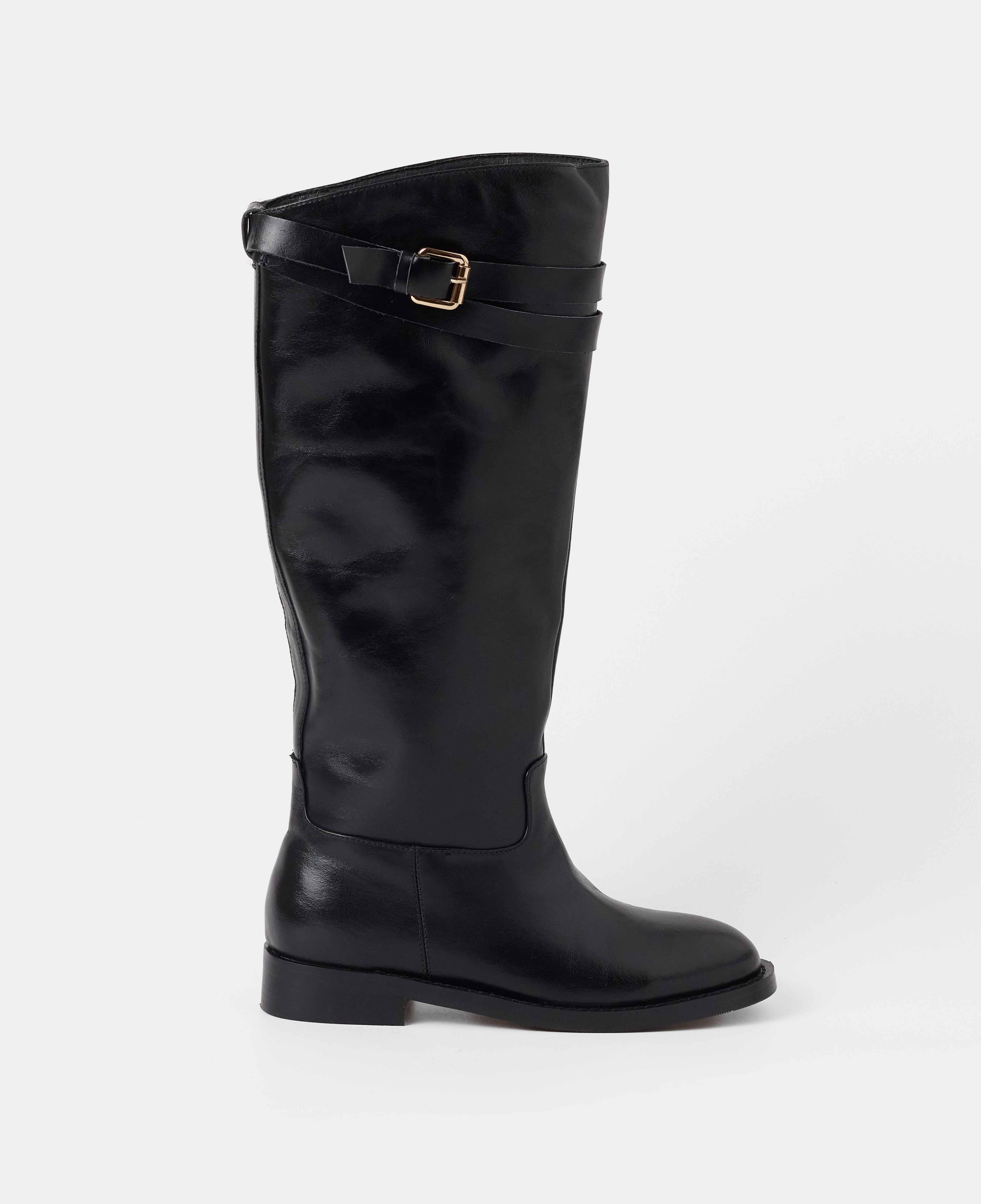Botas básicas de mujer de piel con caña alta y detalle de hebillas - Mim - Negro Negro-1