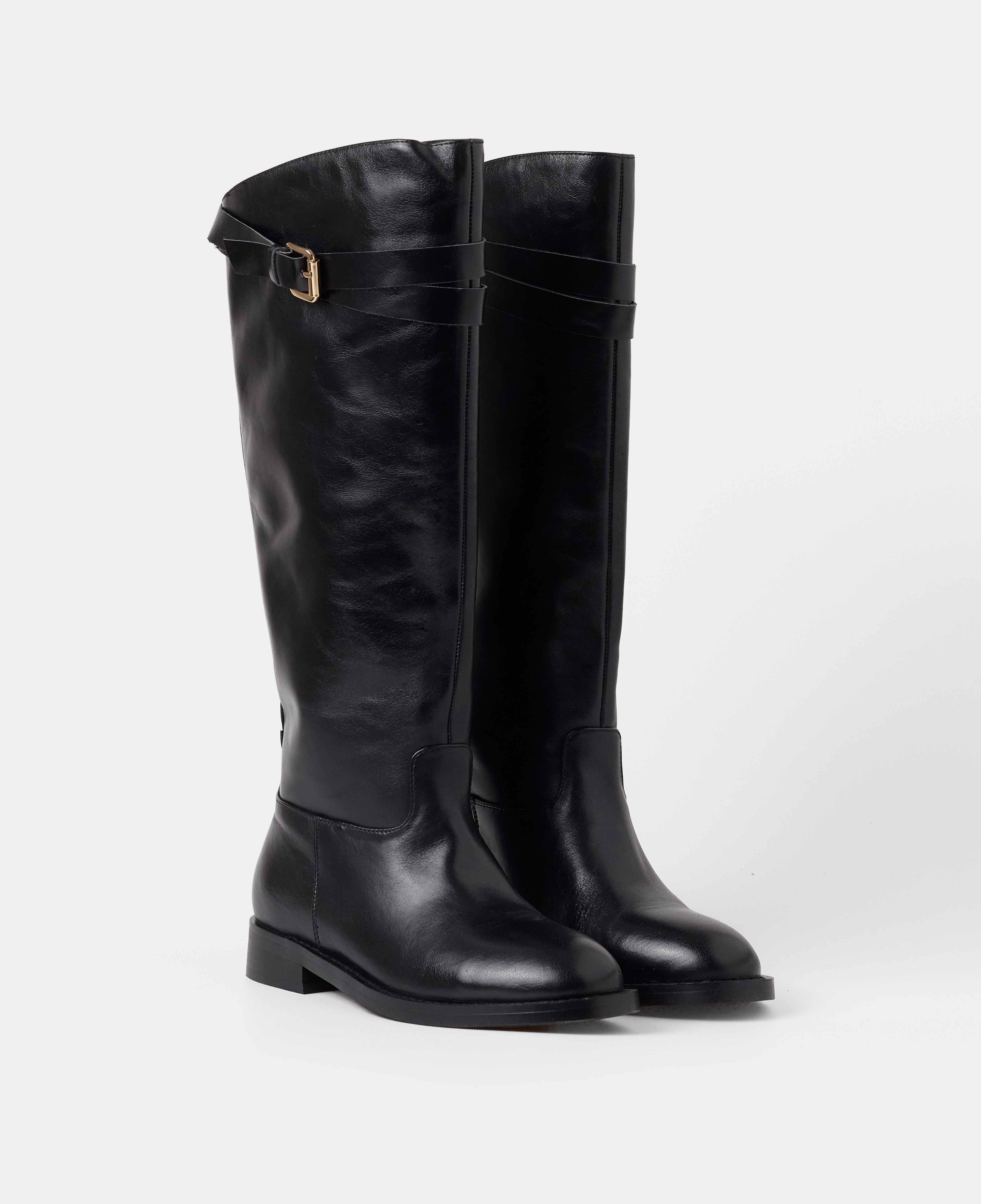 Botas básicas de mujer de piel con caña alta y detalle de hebillas - Mim - Negro Negro-2