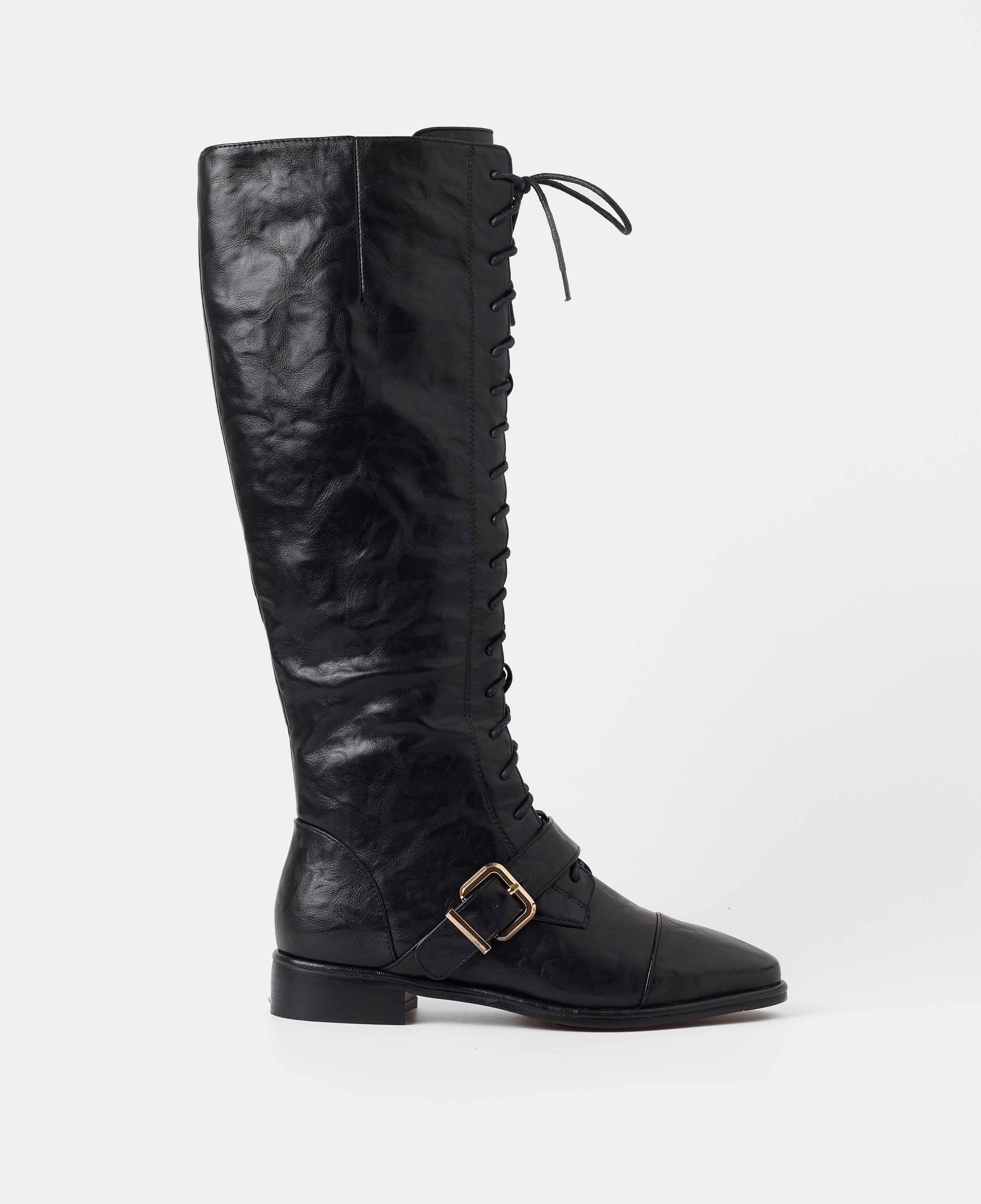 Botas básicas de mujer lisas planas con caña alta y cordones - Mim - Negro Negro-1