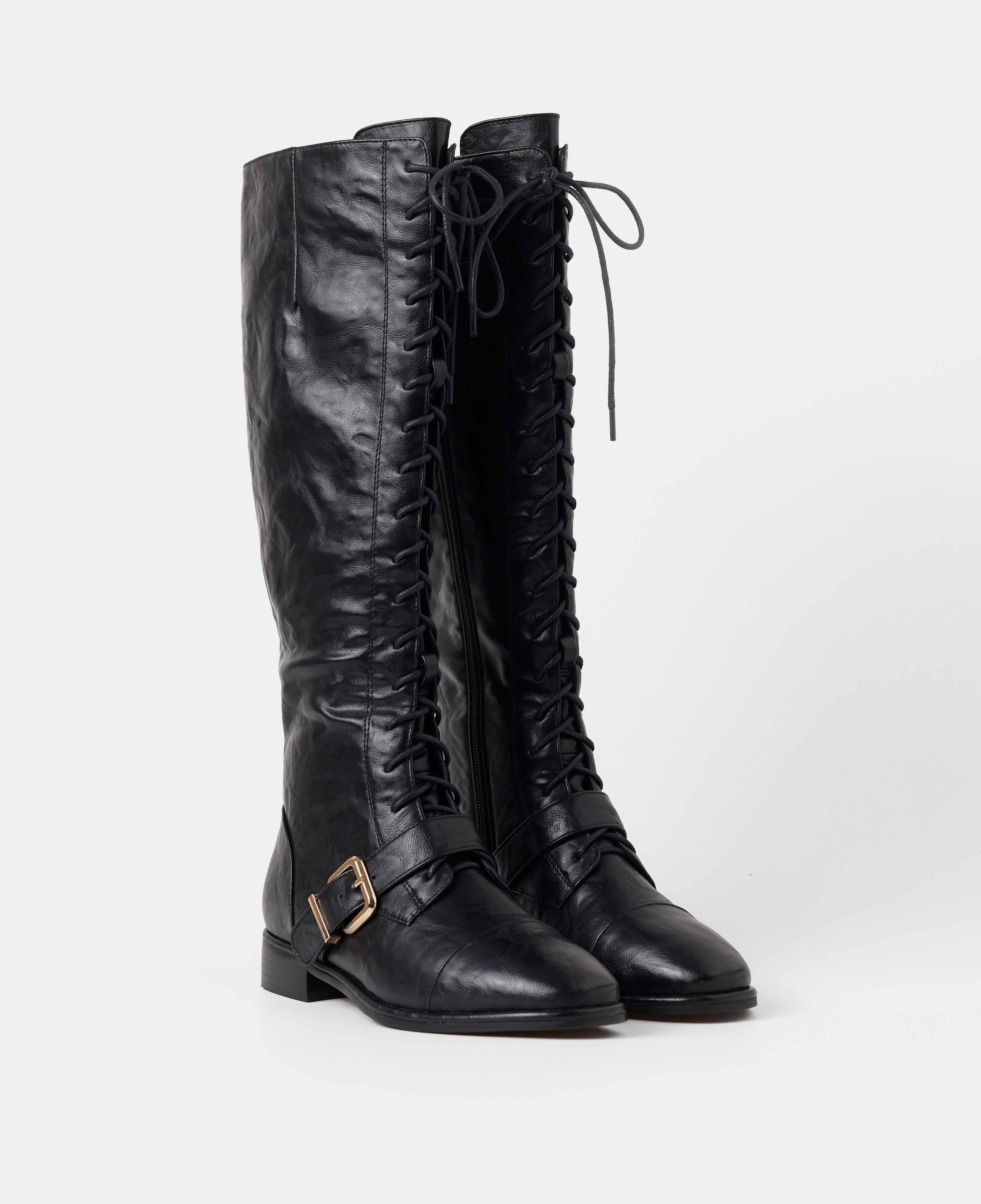 Botas básicas de mujer lisas planas con caña alta y cordones - Mim - Negro Negro-2