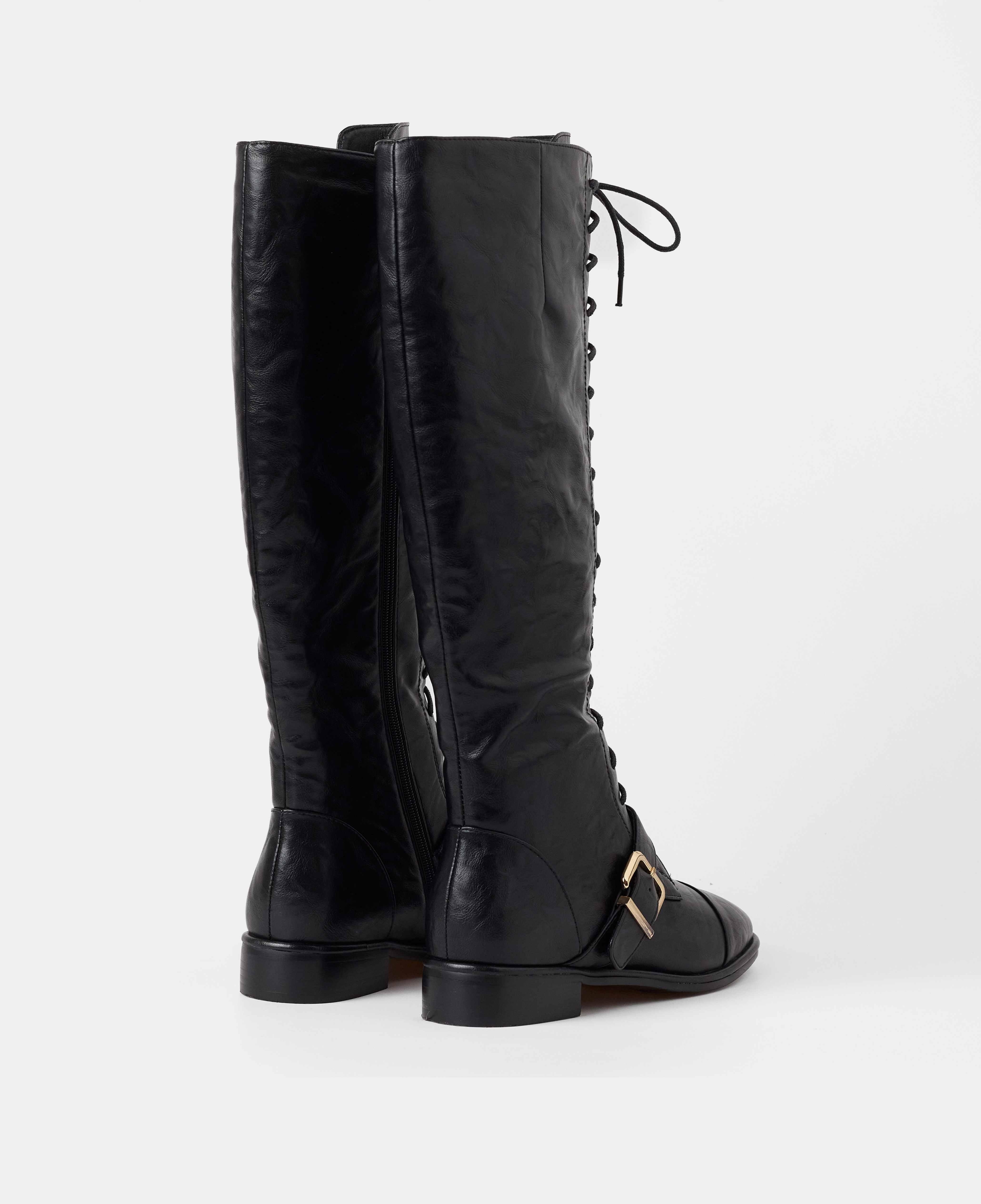 Botas básicas de mujer lisas planas con caña alta y cordones - Mim - Negro Negro-3