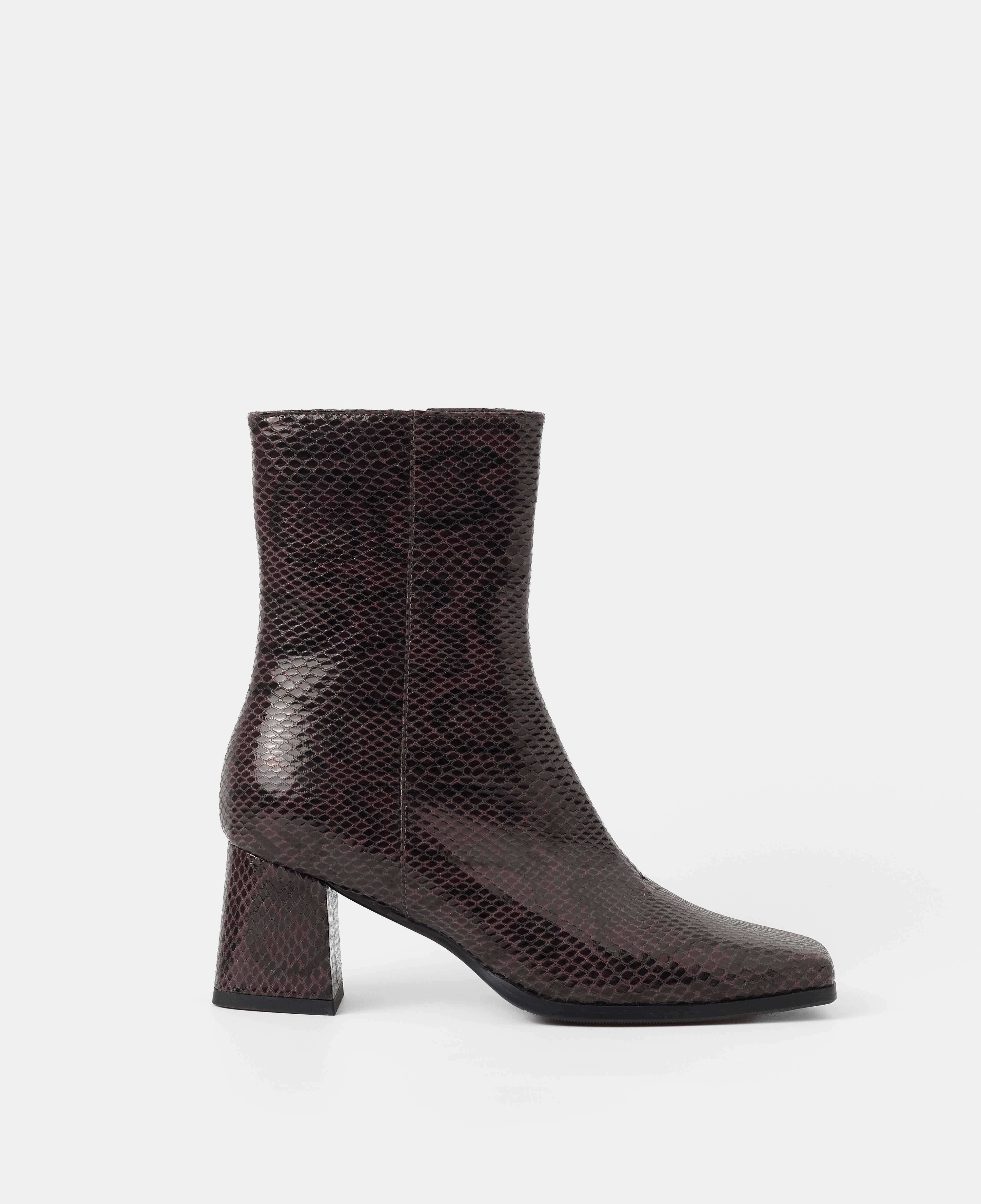 Botines básicos de mujer de caña baja grabado serpiente con tacón - Mim - Marrón chocolate Marrón chocolate-1