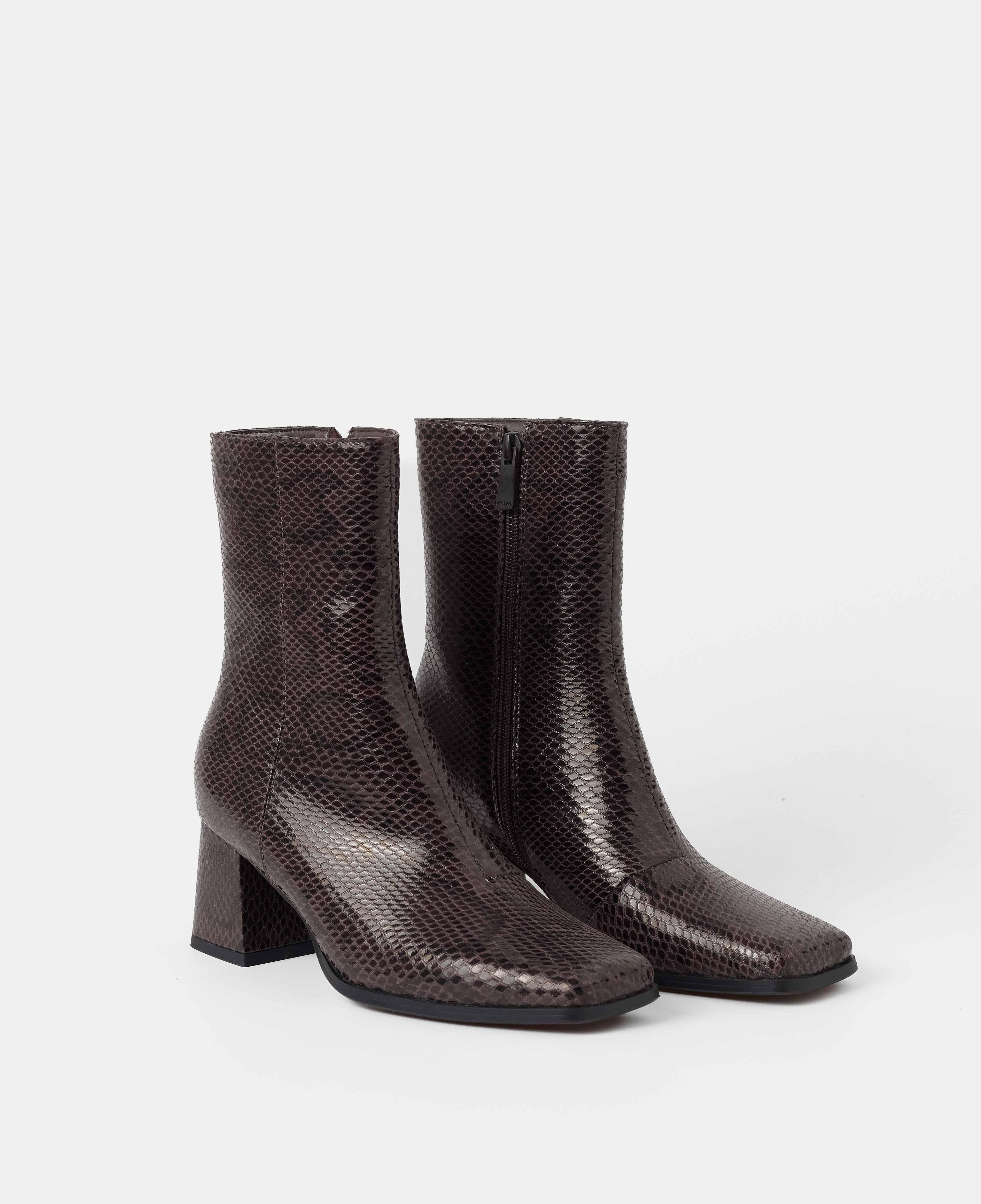 Botines básicos de mujer de caña baja grabado serpiente con tacón - Mim - Marrón chocolate Marrón chocolate-2