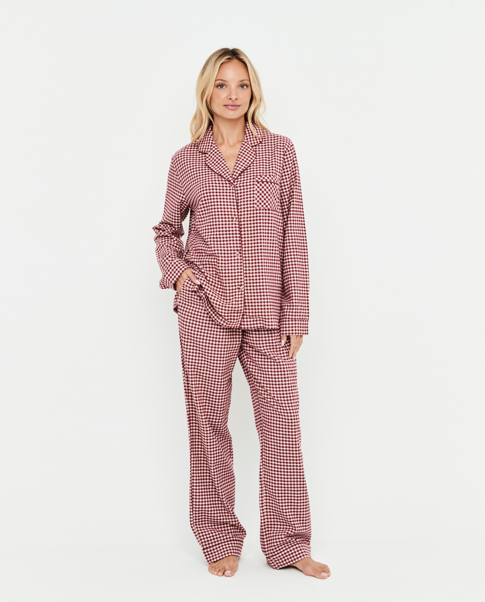 Pijama de mujer dos piezas, camisero, manga larga - Selmark - Granate Granate-1