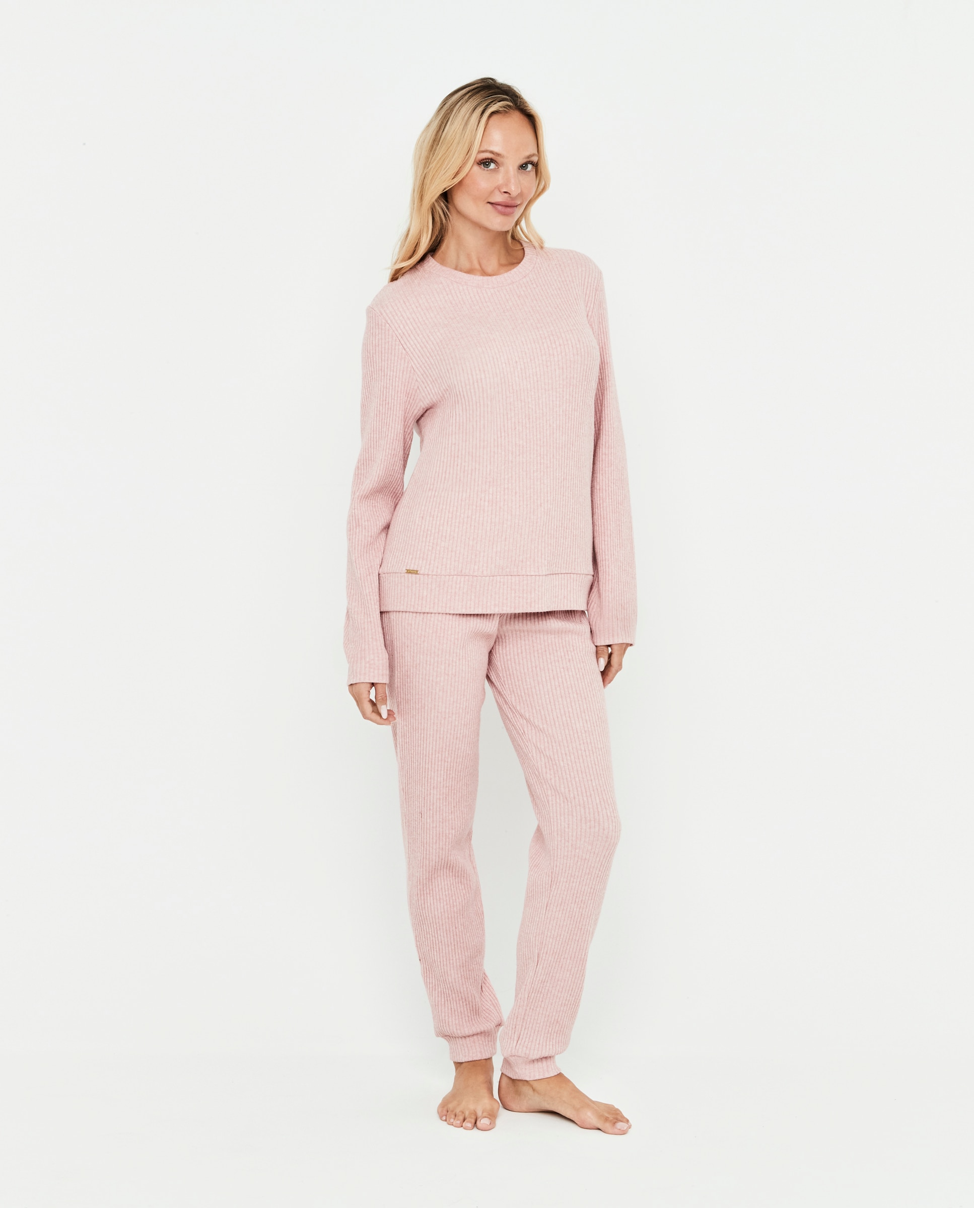 Pijama de mujer dos piezas, cuello redondo, manga larga - Selmark - Rosa claro Rosa claro-1