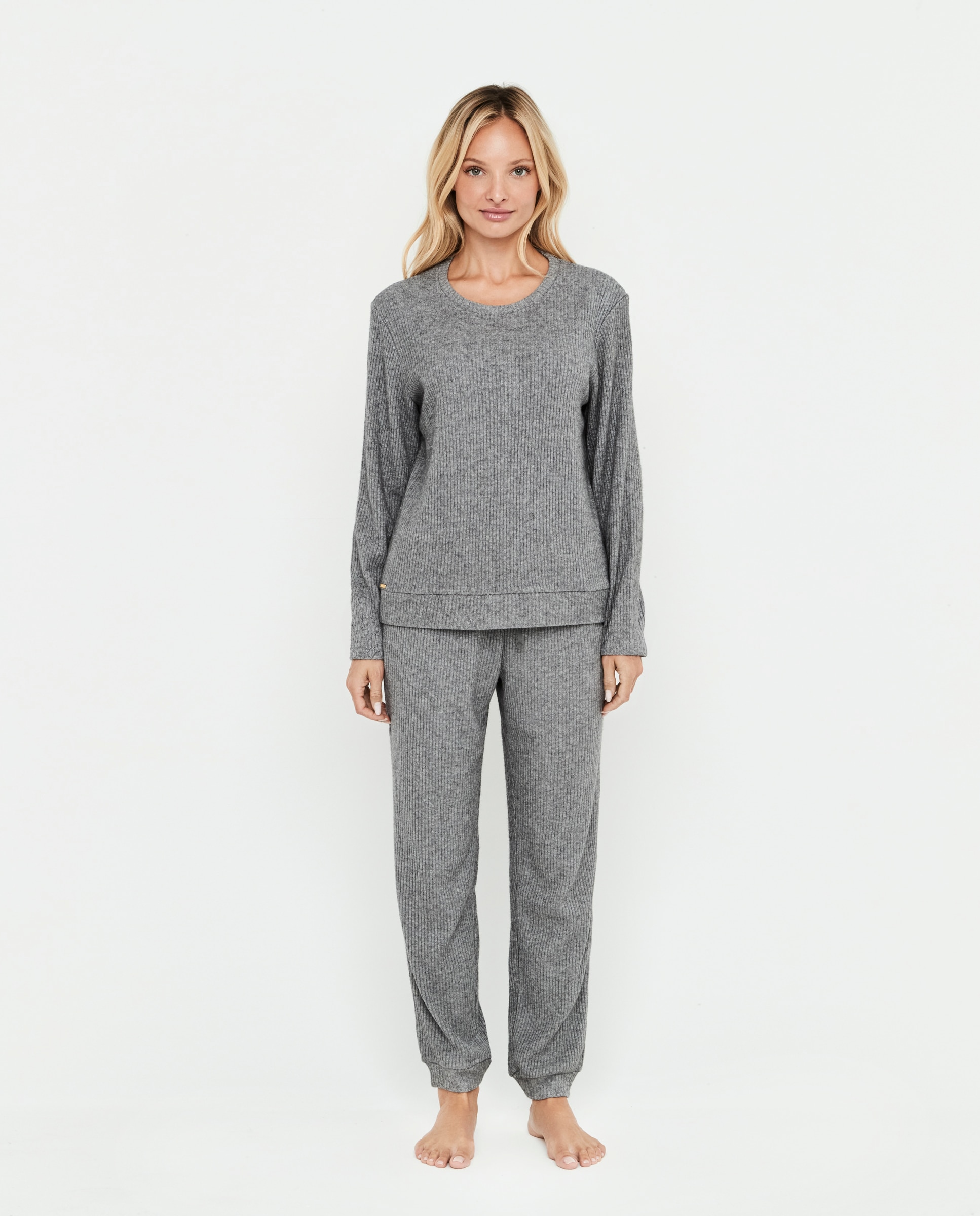 Pijama de mujer dos piezas, cuello redondo, manga larga - Selmark - Gris Gris-1