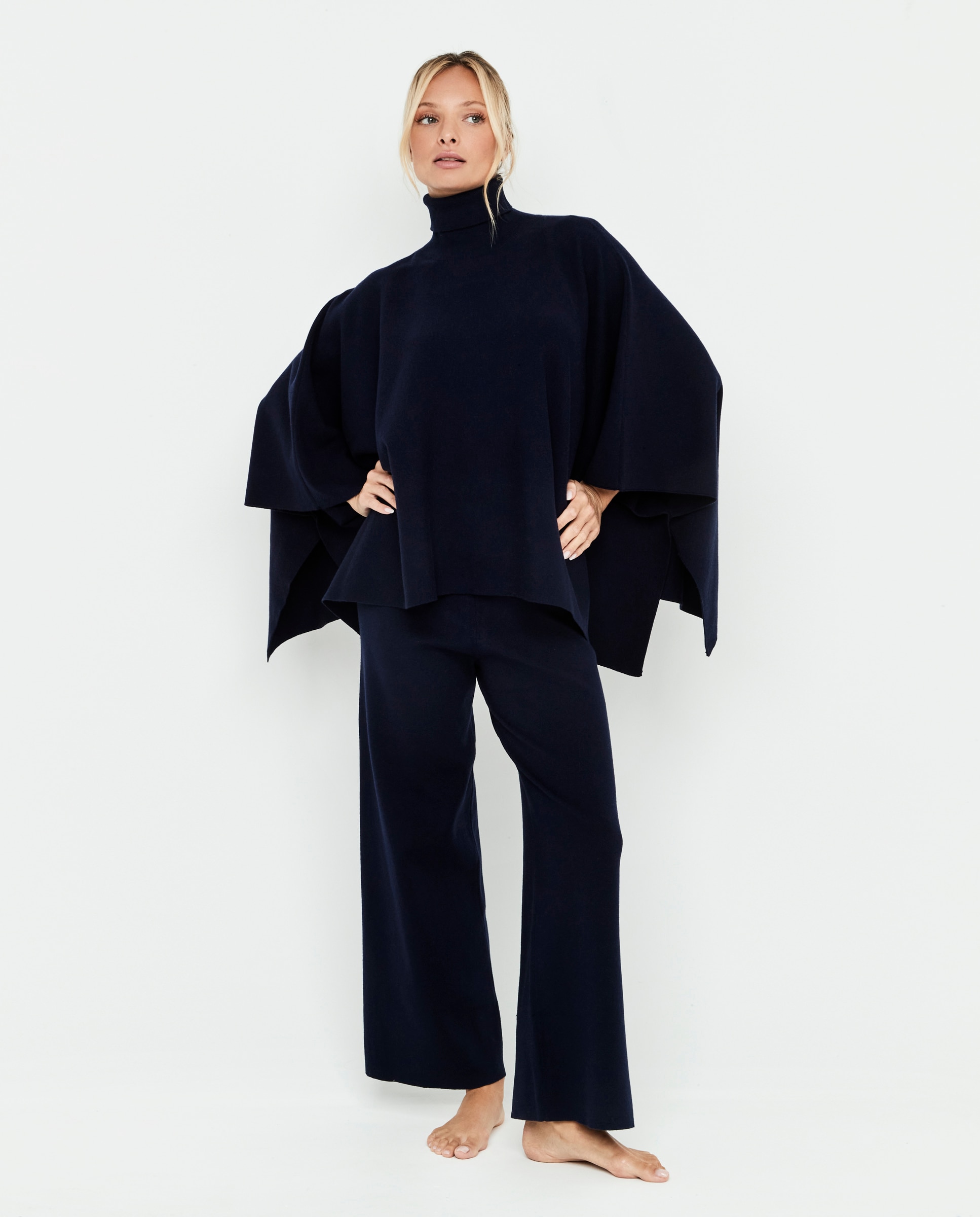 Chaqueta de mujer de punto, dos piezas, poncho cuello alto - Selmark - Azul marino Azul marino-5