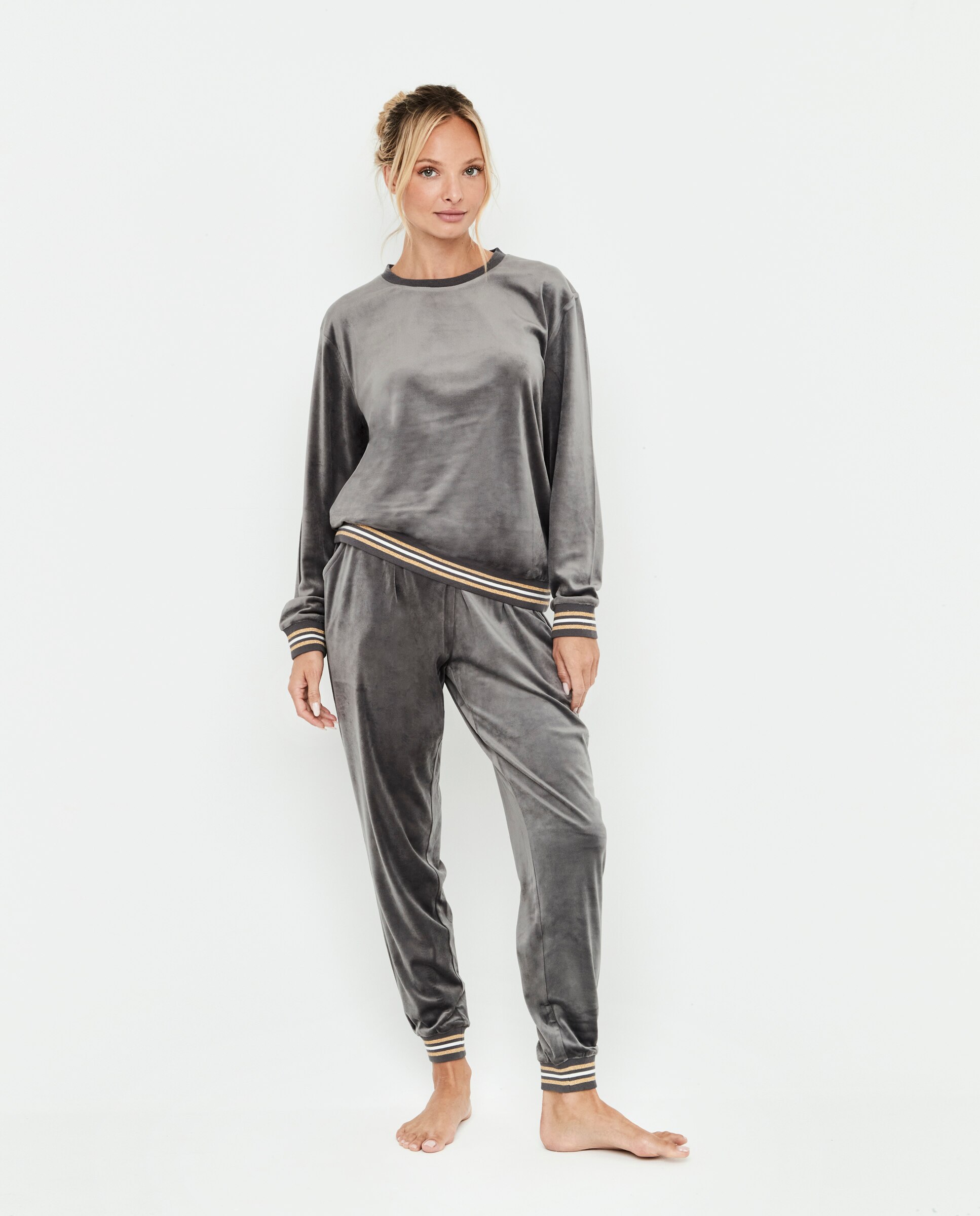 Sudadera de mujer, terciopelo, suedadera cuello redondo y pantalón - Selmark - Gris oscuro metalizado Gris oscuro metalizado-1