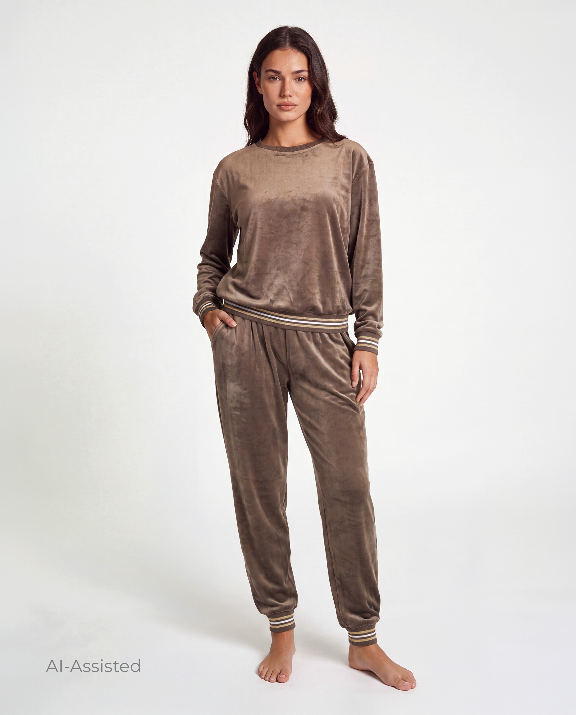 Sudadera de mujer, terciopelo, suedadera cuello redondo y pantalón - Selmark - Tostado Tostado-1