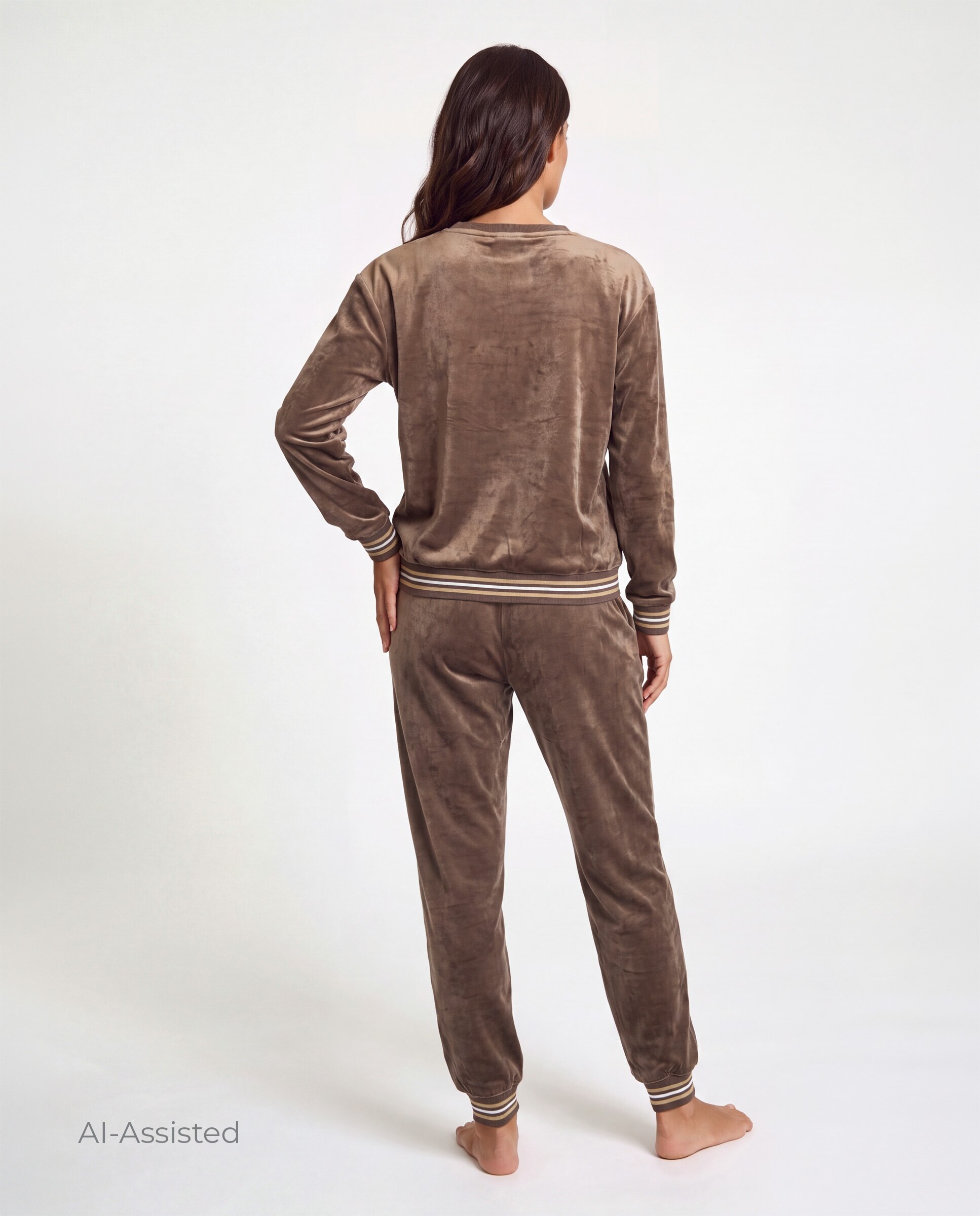 Sudadera de mujer, terciopelo, suedadera cuello redondo y pantalón - Selmark - Tostado Tostado-2