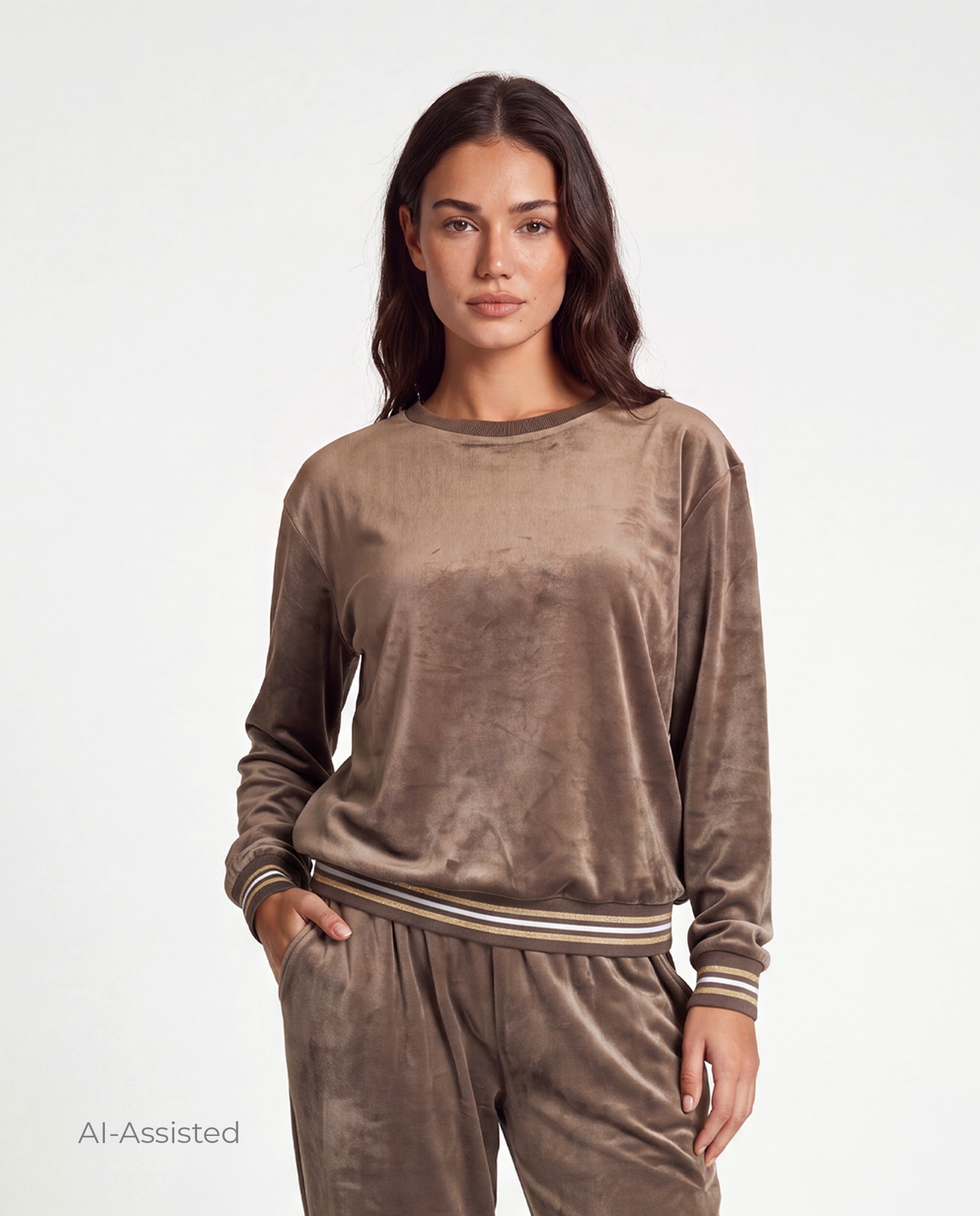 Sudadera de mujer, terciopelo, suedadera cuello redondo y pantalón - Selmark - Tostado Tostado-4