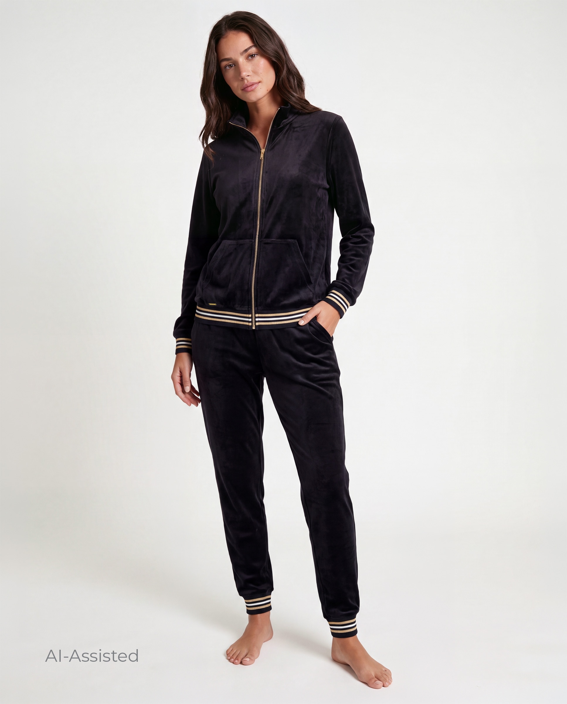 Conjunto de mujer, terciopelo, chaqueta cremallera con bolsillos y pantalón - Selmark - Negro Negro-1