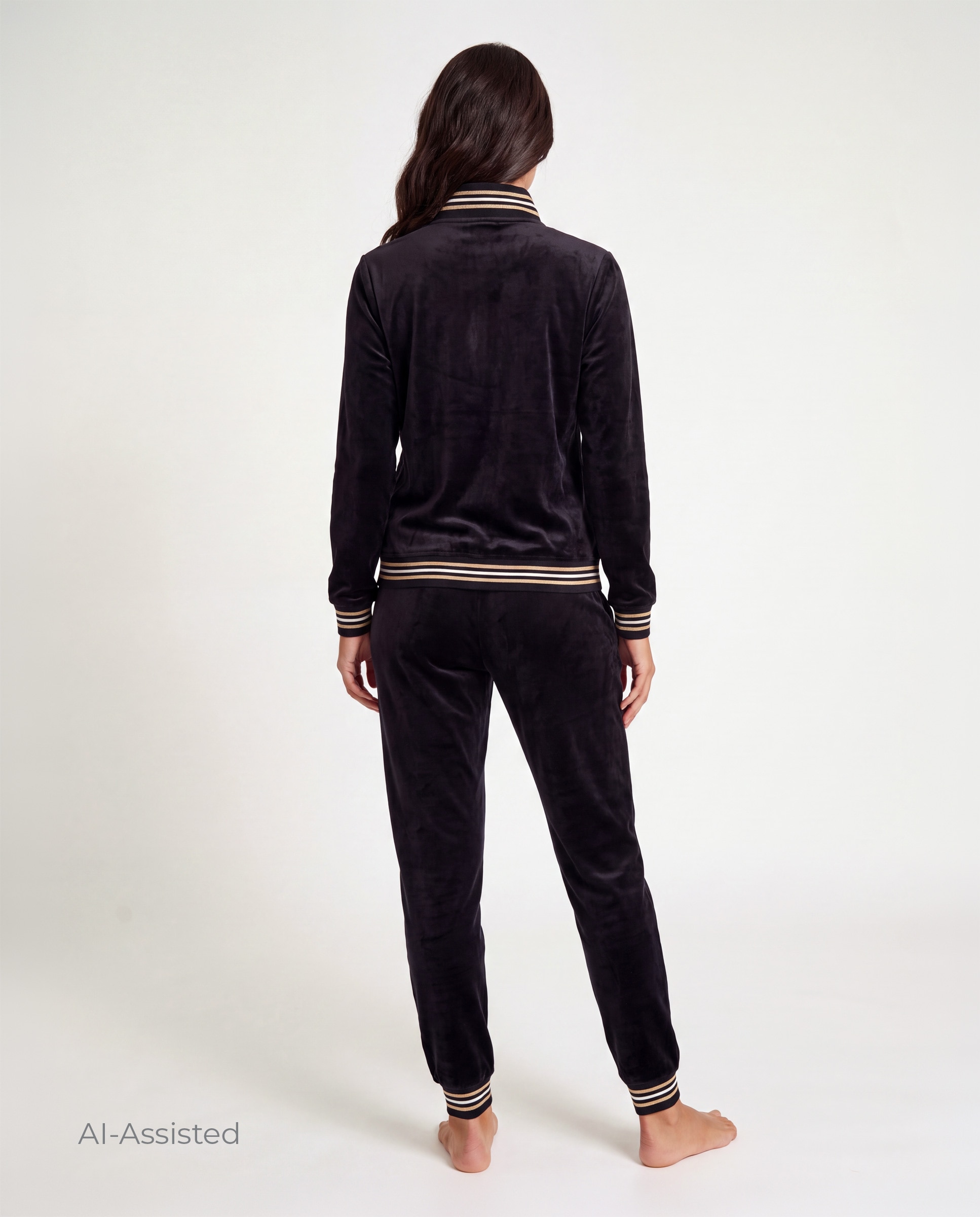 Conjunto de mujer, terciopelo, chaqueta cremallera con bolsillos y pantalón - Selmark - Negro Negro-2