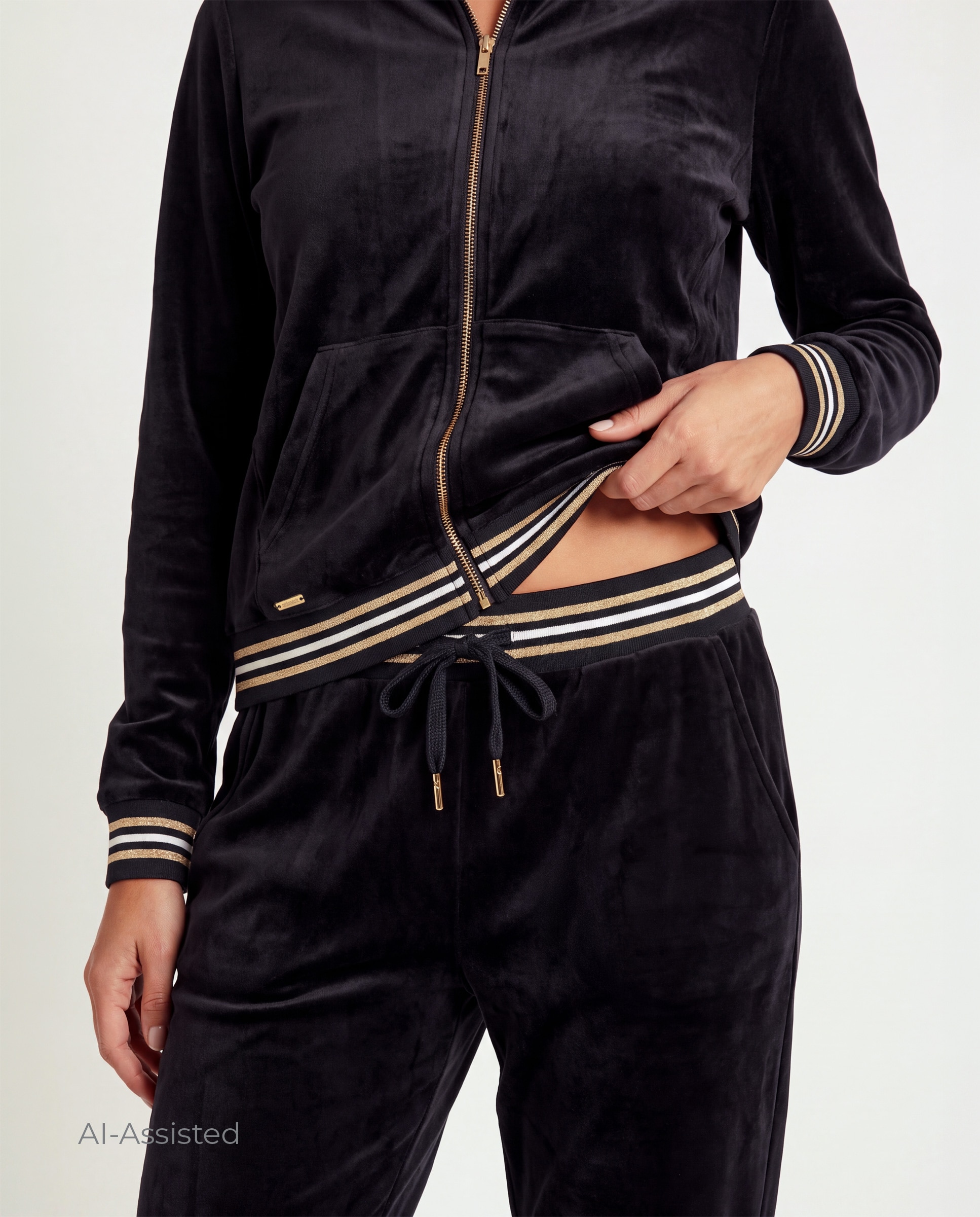 Conjunto de mujer, terciopelo, chaqueta cremallera con bolsillos y pantalón - Selmark - Negro Negro-3