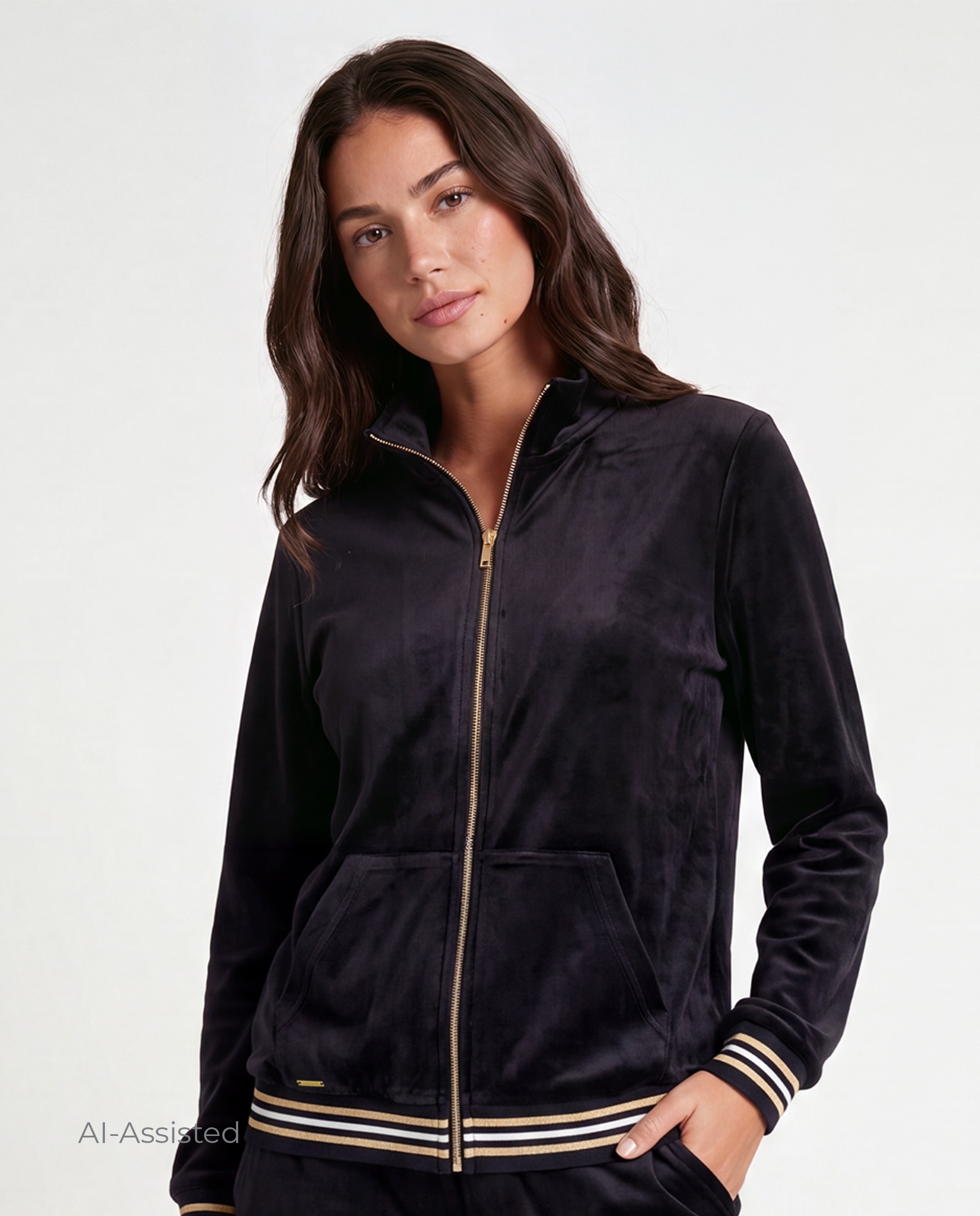 Conjunto de mujer, terciopelo, chaqueta cremallera con bolsillos y pantalón - Selmark - Negro Negro-4