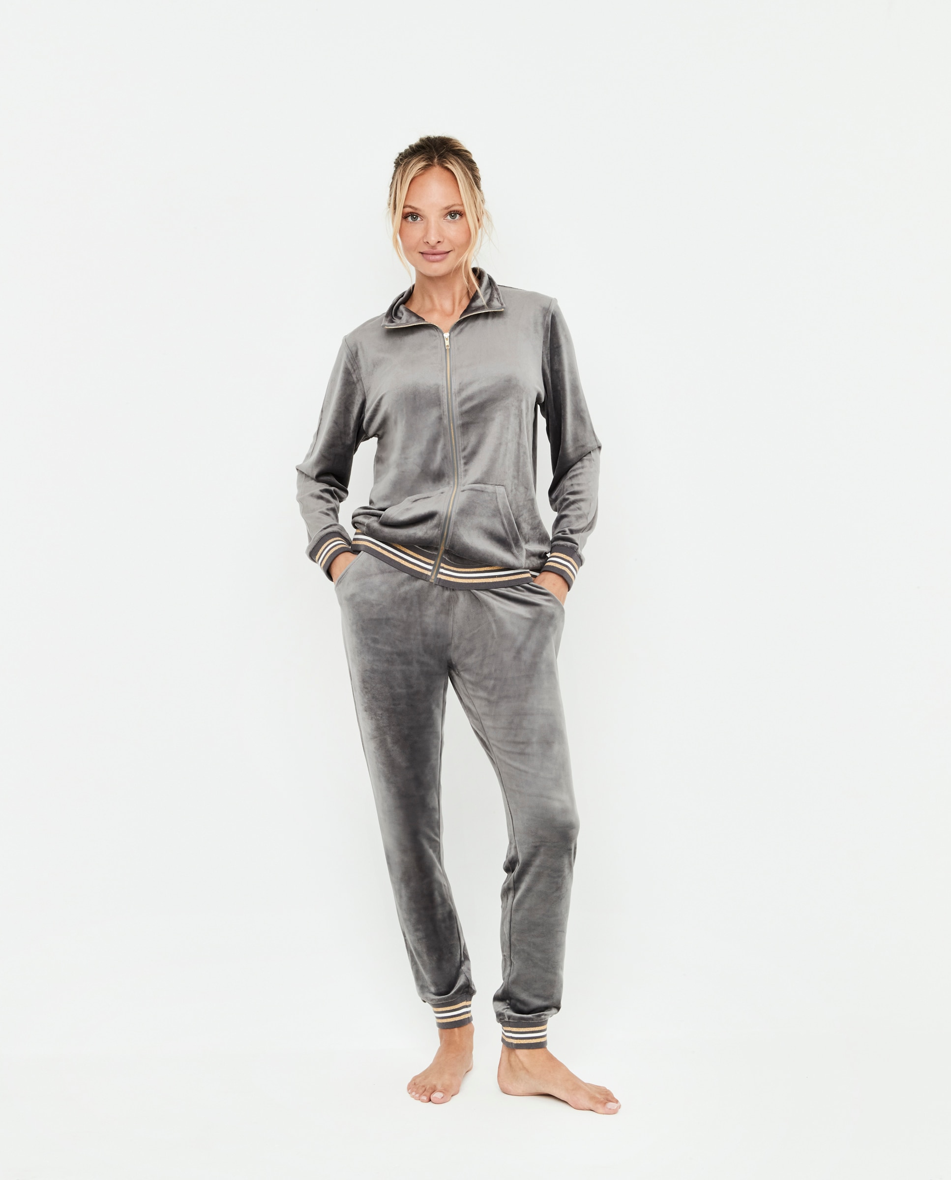 Conjunto de mujer, terciopelo, chaqueta cremallera con bolsillos y pantalón - Selmark - Gris oscuro metalizado Gris oscuro metalizado-1