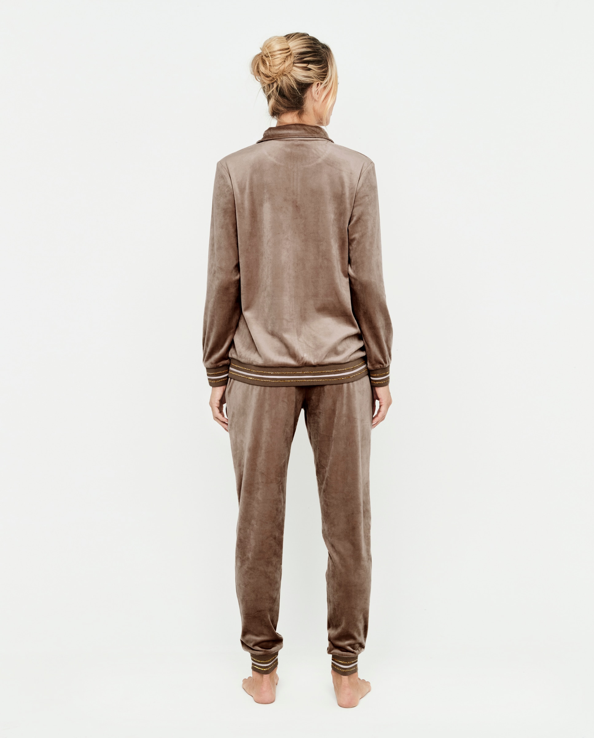 Conjunto de mujer, terciopelo, chaqueta cremallera con bolsillos y pantalón - Selmark - Tostado Tostado-2