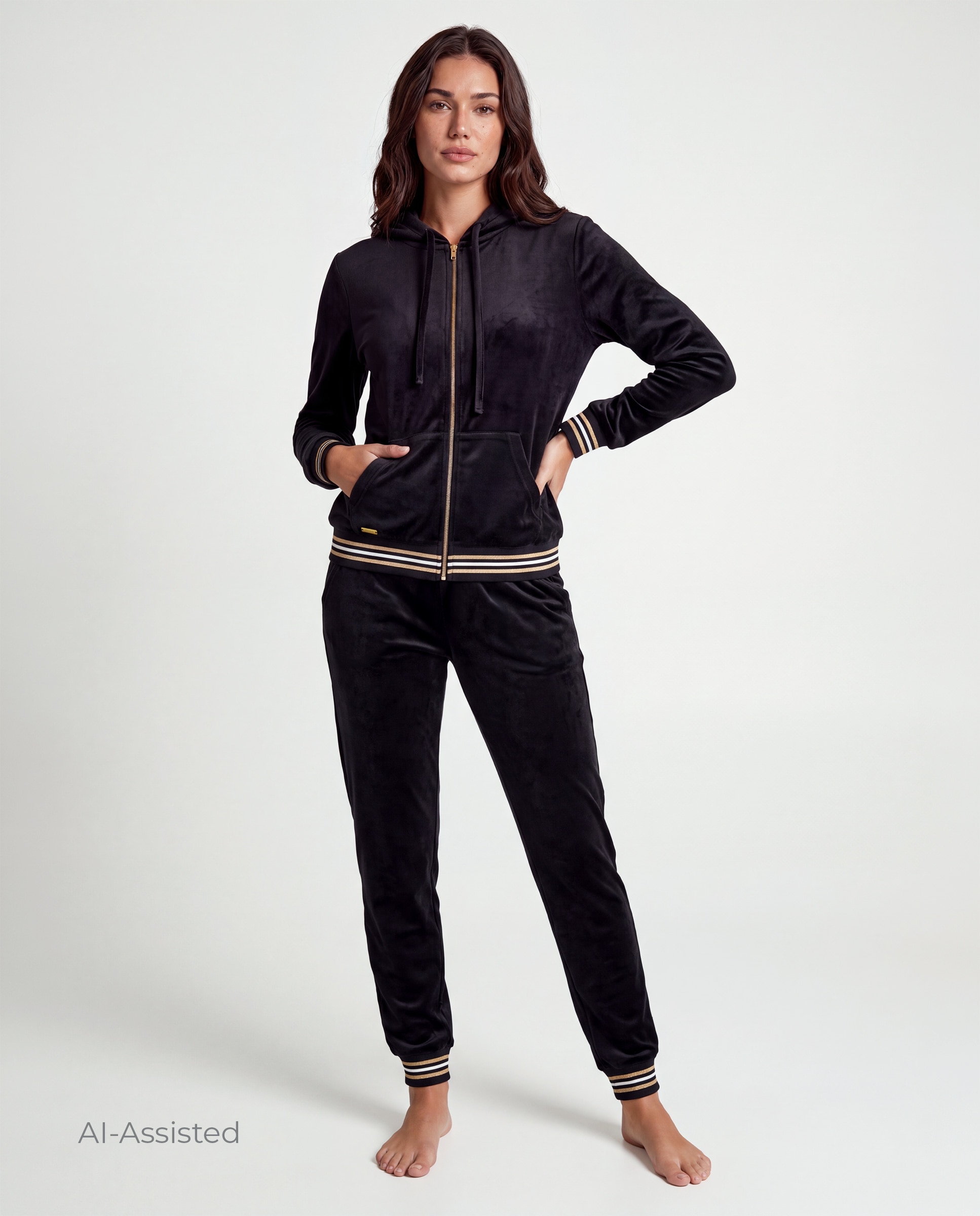 Conjunto de mujer, terciopelo, chaqueta con capucha, cremallera, bolsillos, y pantalón - Selmark - Negro Negro-1