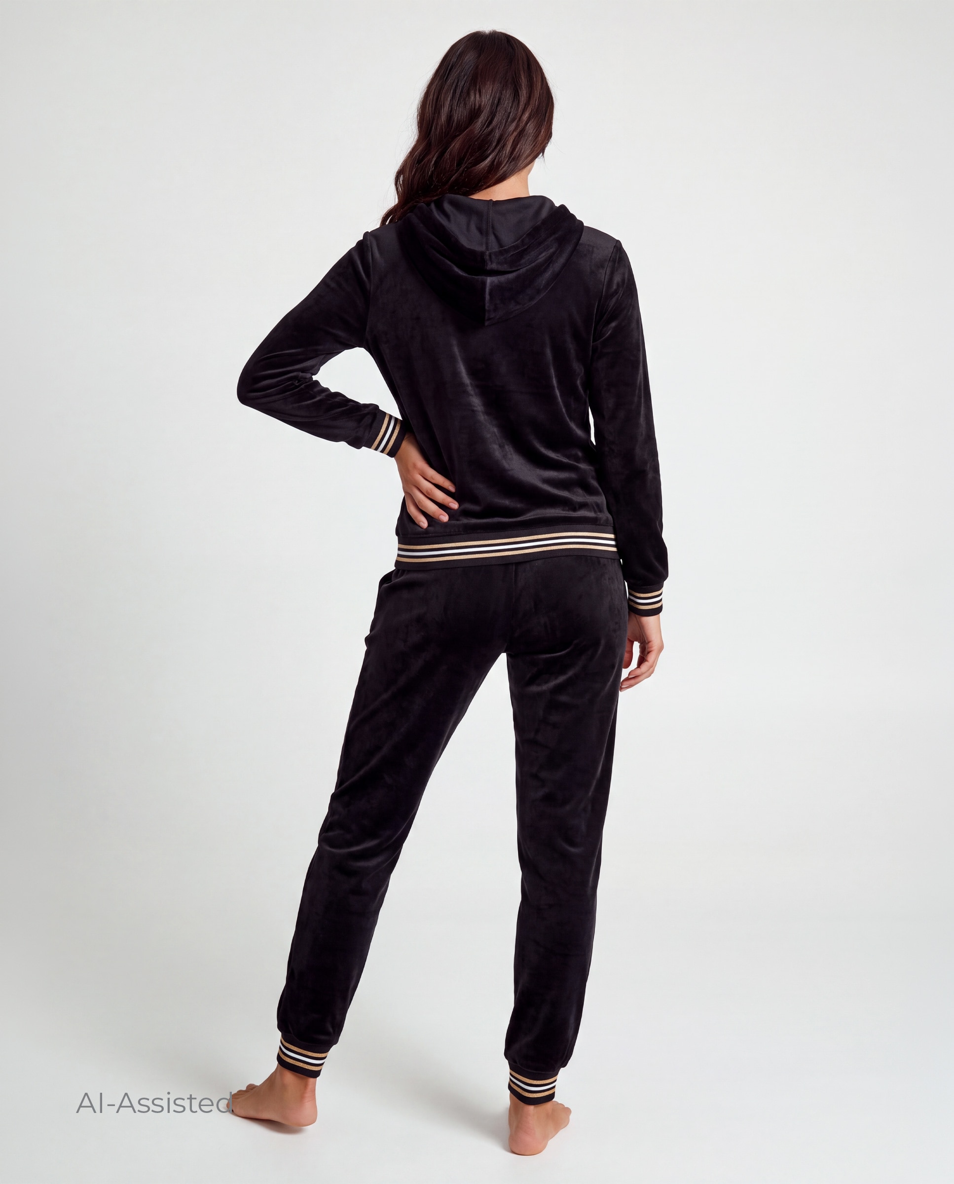 Conjunto de mujer, terciopelo, chaqueta con capucha, cremallera, bolsillos, y pantalón - Selmark - Negro Negro-2