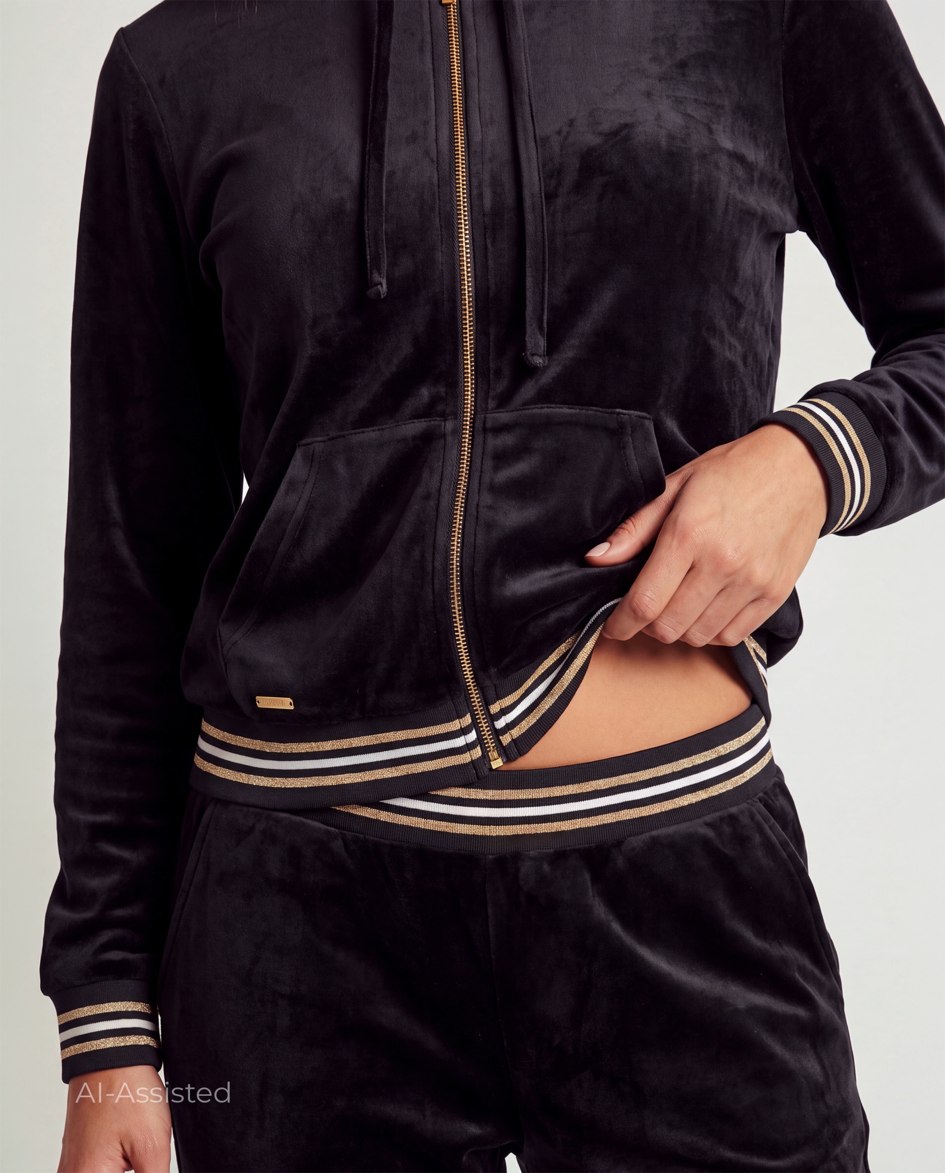 Conjunto de mujer, terciopelo, chaqueta con capucha, cremallera, bolsillos, y pantalón - Selmark - Negro Negro-3