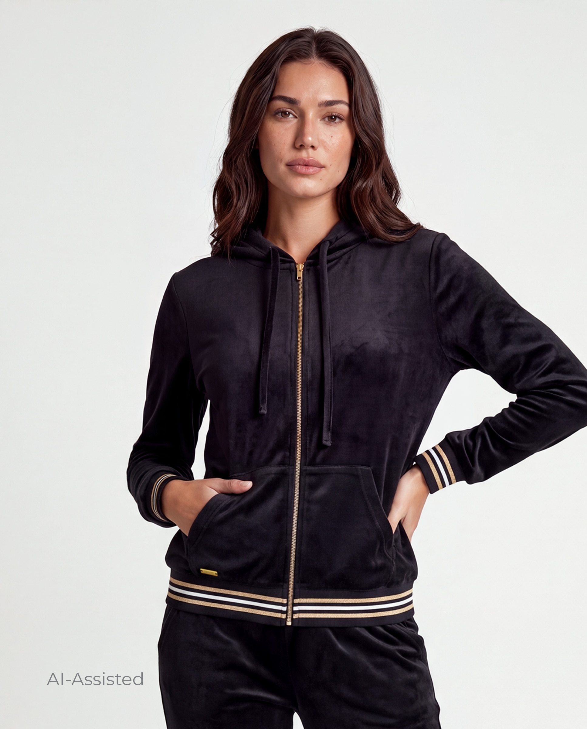 Conjunto de mujer, terciopelo, chaqueta con capucha, cremallera, bolsillos, y pantalón - Selmark - Negro Negro-4