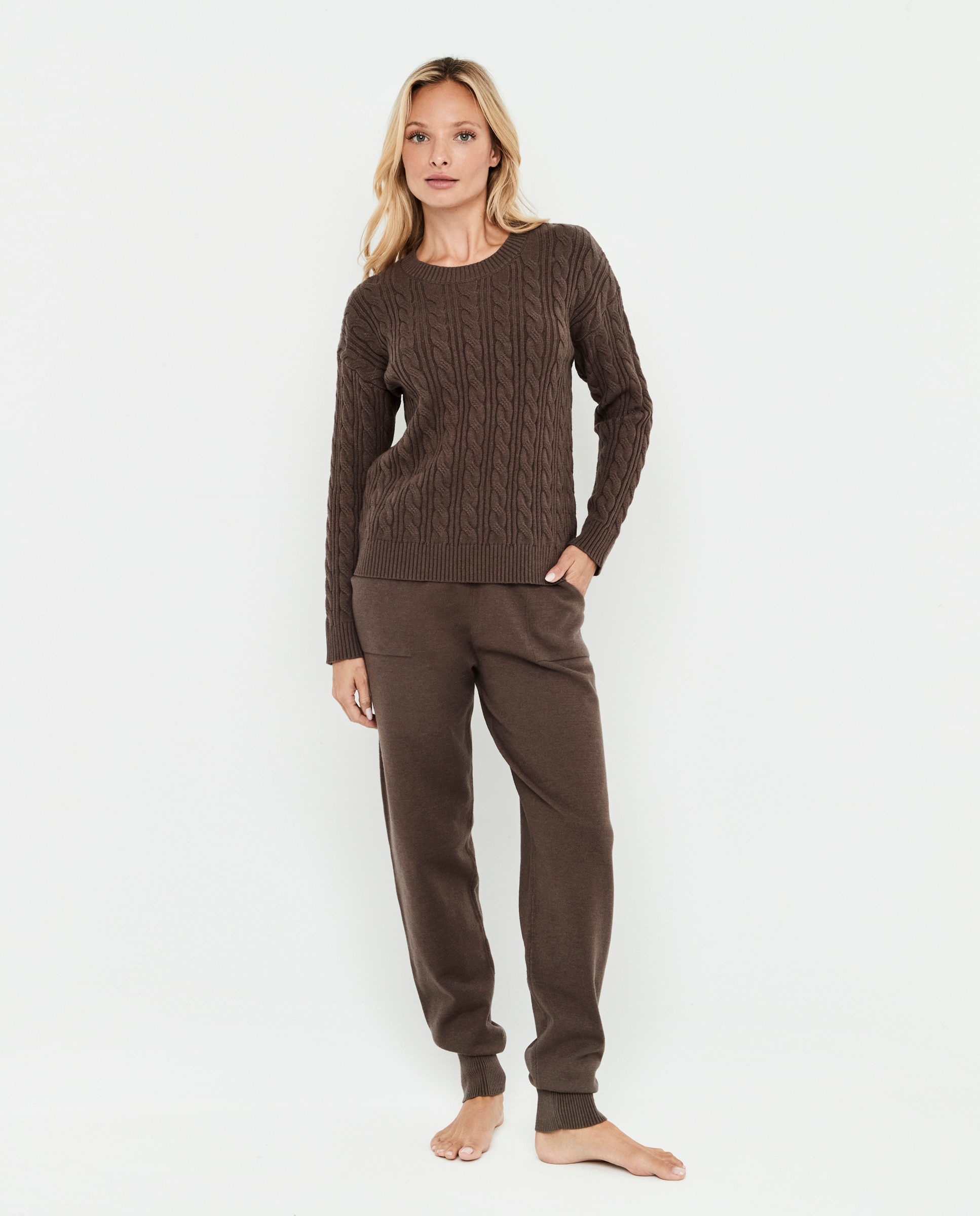 Sudadera de punto ochos de mujer, escote redondo - Selmark - Marrón chocolate Marrón chocolate-1