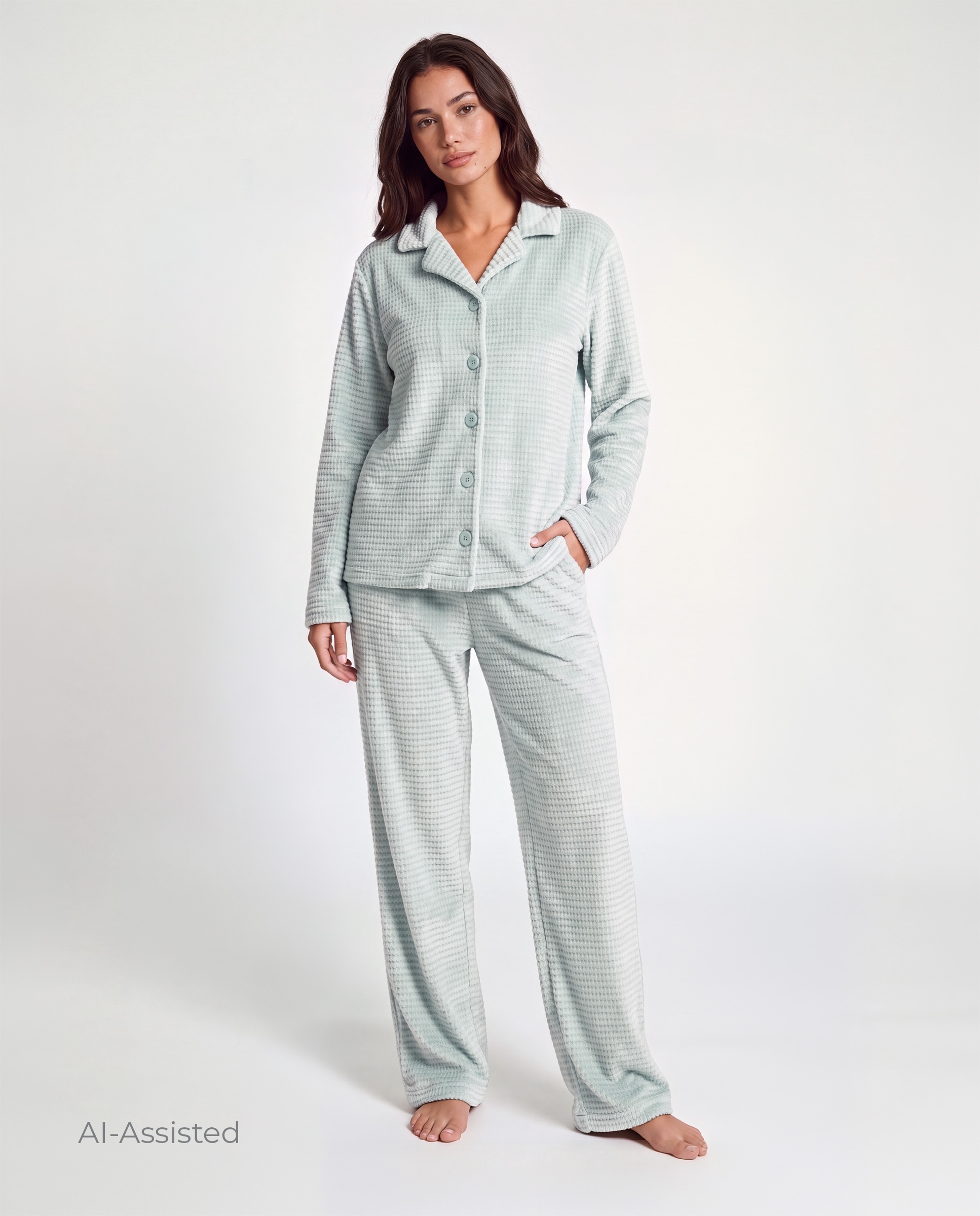 Pijama de mujer, dos piezas, camisero, manga larga - Selmark - Verde claro Verde claro-1