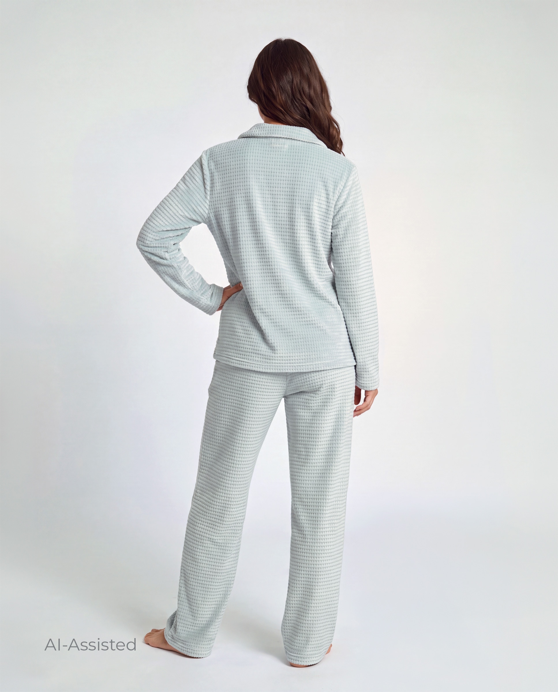 Pijama de mujer, dos piezas, camisero, manga larga - Selmark - Verde claro Verde claro-2