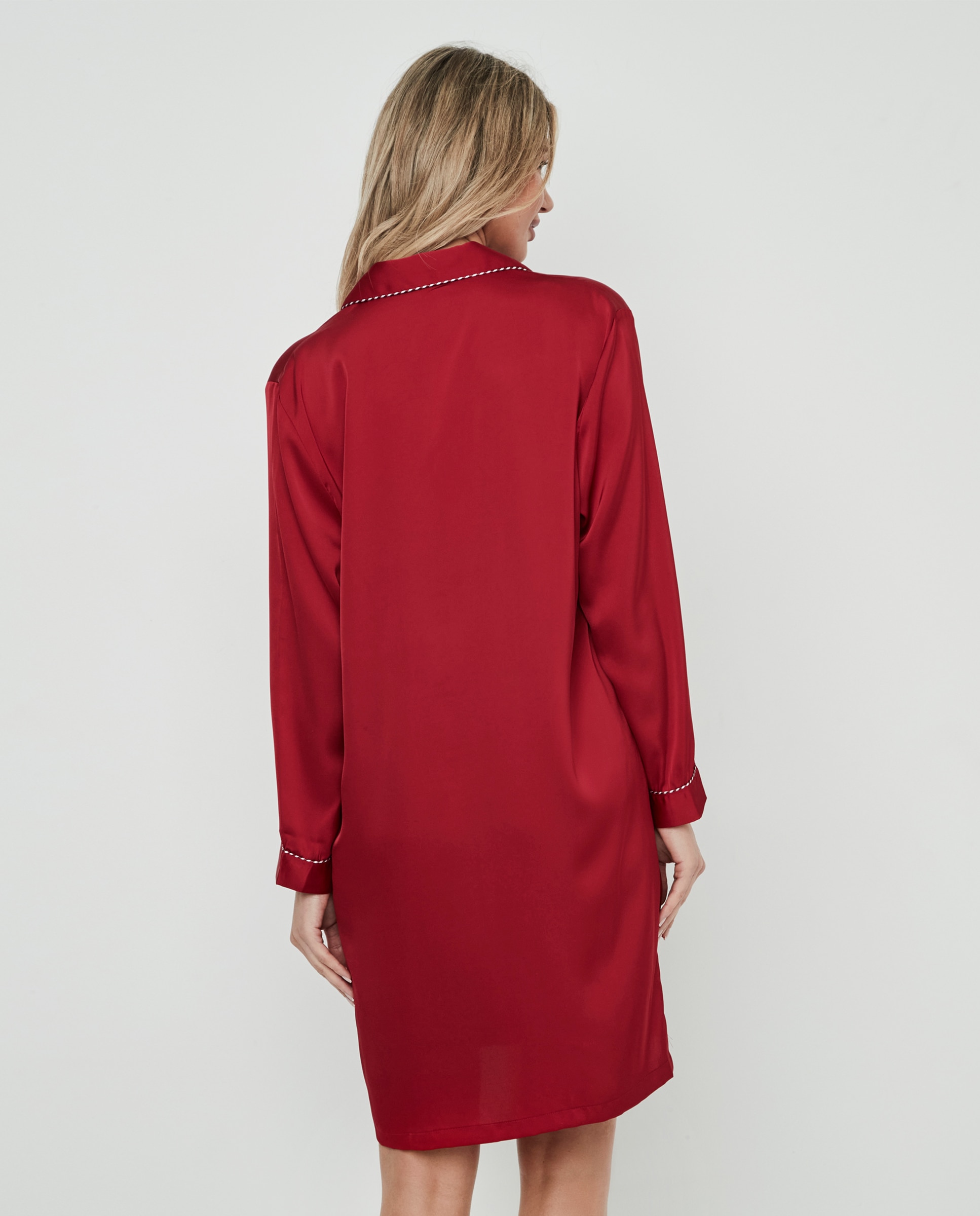 Camisón camisero satinado de mujer con cierre delantero de botones - Selmark - Rojo Rojo-2