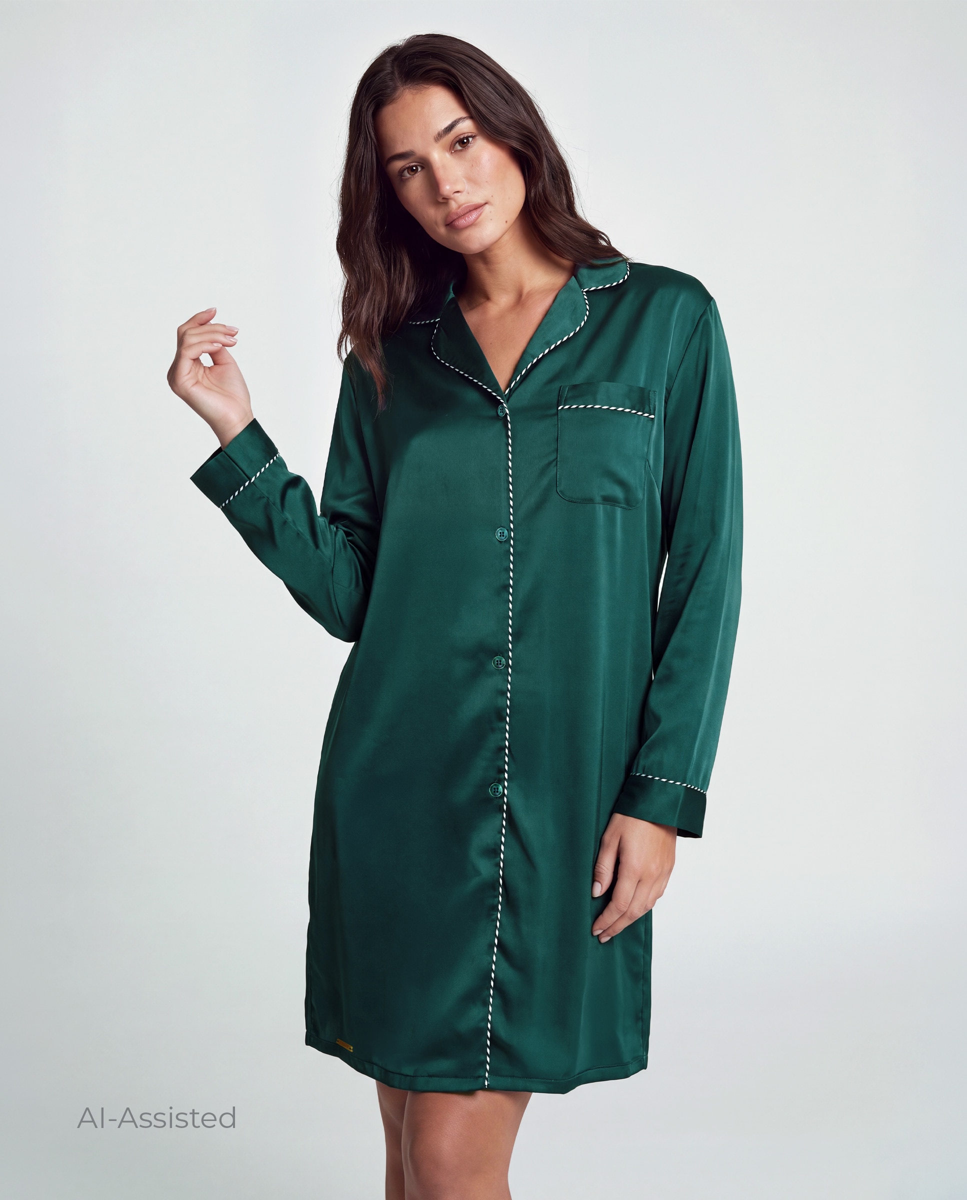 Camisón camisero satinado de mujer con cierre delantero de botones - Selmark - Verde oscuro Verde oscuro-1